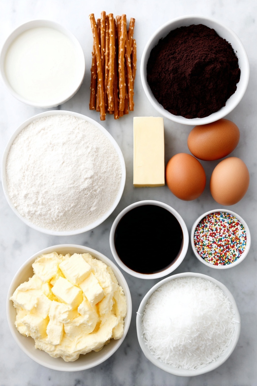 Flat lay of a small mound of granulated sugar, a small bowl of all-purpose flour, a small bowl of rich dark cocoa powder, two whole brown eggs with clean shells, a small white bowl of milk, a small white bowl of golden canola oil, a small white bowl of clear vanilla extract, a cluster of slender pretzel sticks, a small white bowl filled with glossy green melted candy, a small white bowl holding colorful non-pareil sprinkles, a small slab of pale yellow butter, a small white bowl of creamy light cream cheese, a small white bowl of powdered sugar, and a small white bowl filled with fluffy shredded coconut all arranged with perfect symmetry on a clean white ceramic surface, placed on a clean white marble surface, soft natural light, photo taken with an iPhone, professional food photography style, fresh ingredients, white ceramic bowls, no bottles, no duplicates, no utensils, no packaging --ar 2:3 --v 7 --p m7354615311229779997 - Chocolate Christmas Tree Cupcakes, festive holiday cupcakes, Christmas cupcake recipes, holiday dessert ideas, chocolate cupcake with pretzel topper