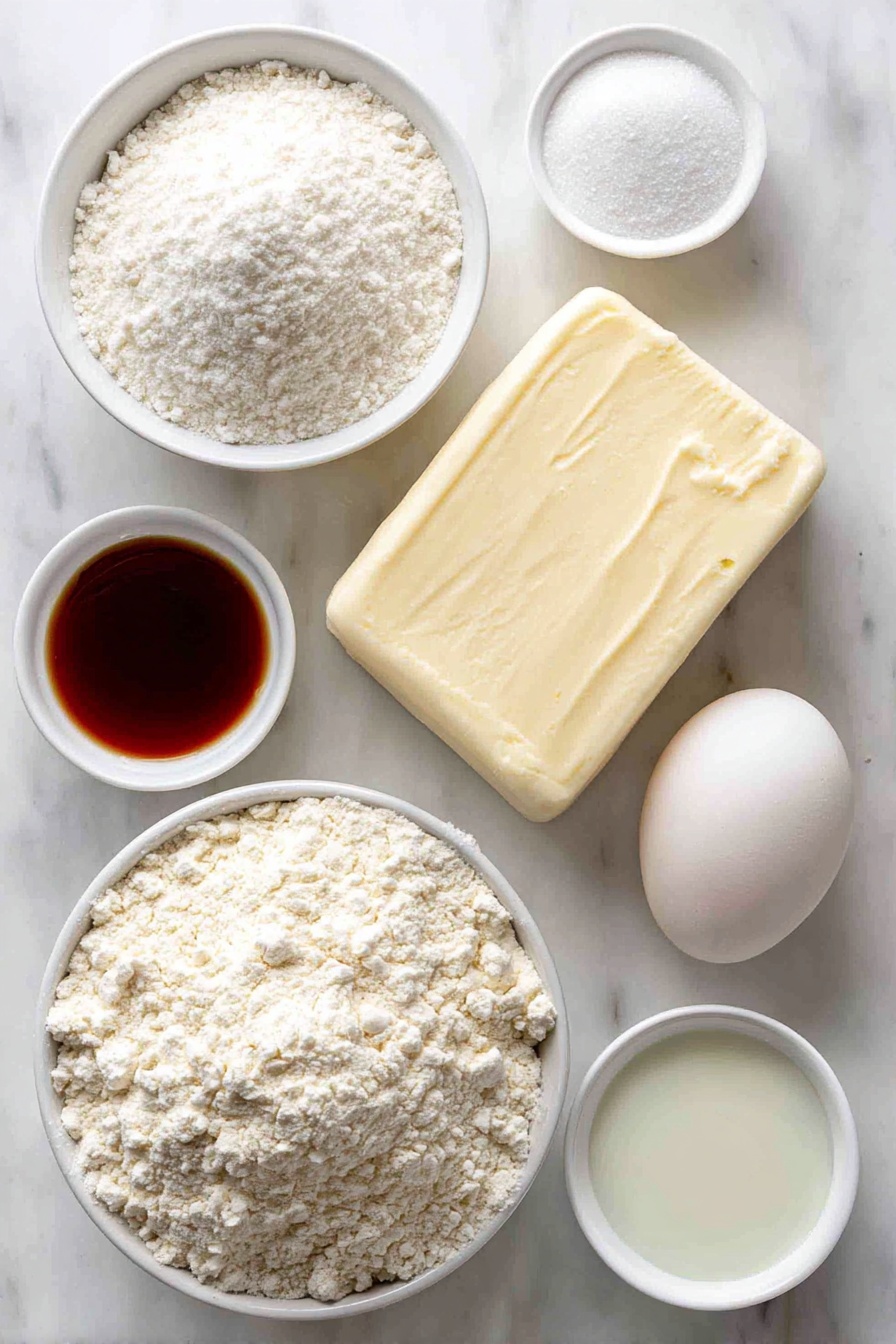Flat lay of a small mound of all-purpose flour, a small white ceramic bowl with fine granulated sugar, a small white ceramic bowl containing baking powder, a small white ceramic bowl with salt, a square slab of softened unsalted butter, one large whole egg with a clean shell, a small white ceramic bowl holding vanilla extract, small white ceramic bowls with vibrant red and green food coloring gels, and a small white ceramic bowl with milk, all arranged symmetrically and naturally fresh, placed on a clean white marble surface, soft natural light, photo taken with an iPhone, professional food photography style, fresh ingredients, white ceramic bowls, no bottles, no duplicates, no utensils, no packaging --ar 2:3 --v 7 --p m7354615311229779997 - Festive Christmas Pinwheel Cookies, holiday swirl cookie recipe, Christmas cookie ideas, colorful holiday cookies, easy festive cookie recipes