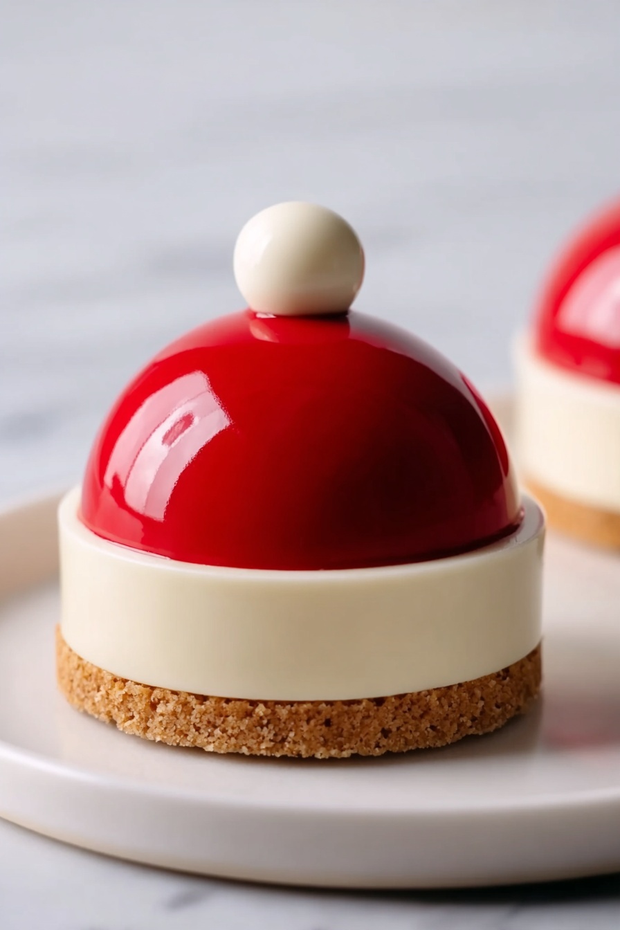 The image shows a small, dome-shaped dessert with three layers. The bottom layer is a thin, light brown cookie base. Above the base, there is a wide, smooth ring of creamy off-white color wrapped around the dessert. The top layer is a shiny, bright red dome that looks smooth and glossy. On top of the red dome, there is a small round white ball as a decoration. The dessert sits on a white plate against a white marbled surface. Photo taken with an iphone --ar 2:3 --v 7 - Santa Claus Dome Cakes, holiday dessert recipes, festive mirror glaze cakes, Christmas dessert ideas, vanilla mousse strawberries