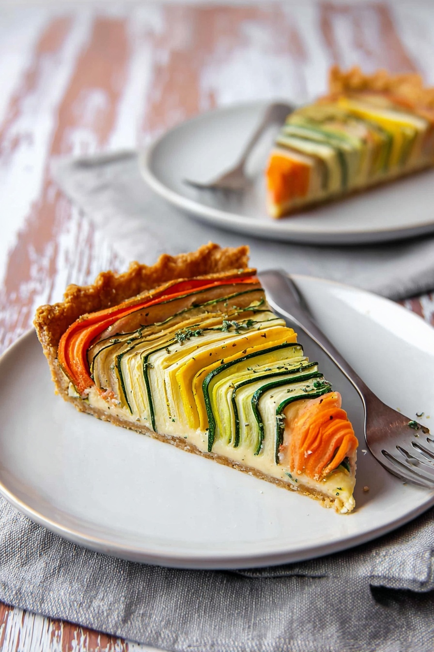 A slice of vegetable tart sits on a white plate, showing three layers: the outer golden-brown crust with a rough texture, a creamy light filling underneath, and an artistic top layer of thin, vertical slices of zucchini, carrot, and yellow squash arranged in rows by color, alternating green, orange, and yellow with a hint of herbs sprinkled on top; in the background, a second slice of the tart is on another white plate with a silver fork resting nearby, all set on a soft gray cloth over a white marbled surface with a rustic, faded wood pattern visible. photo taken with an iphone --ar 2:3 --v 7 - Vegetable Spiral Tart, veggie tart with sundried tomato pesto, colorful vegetable tart recipe, easy vegetable tart for holidays, vegetarian spiral tart