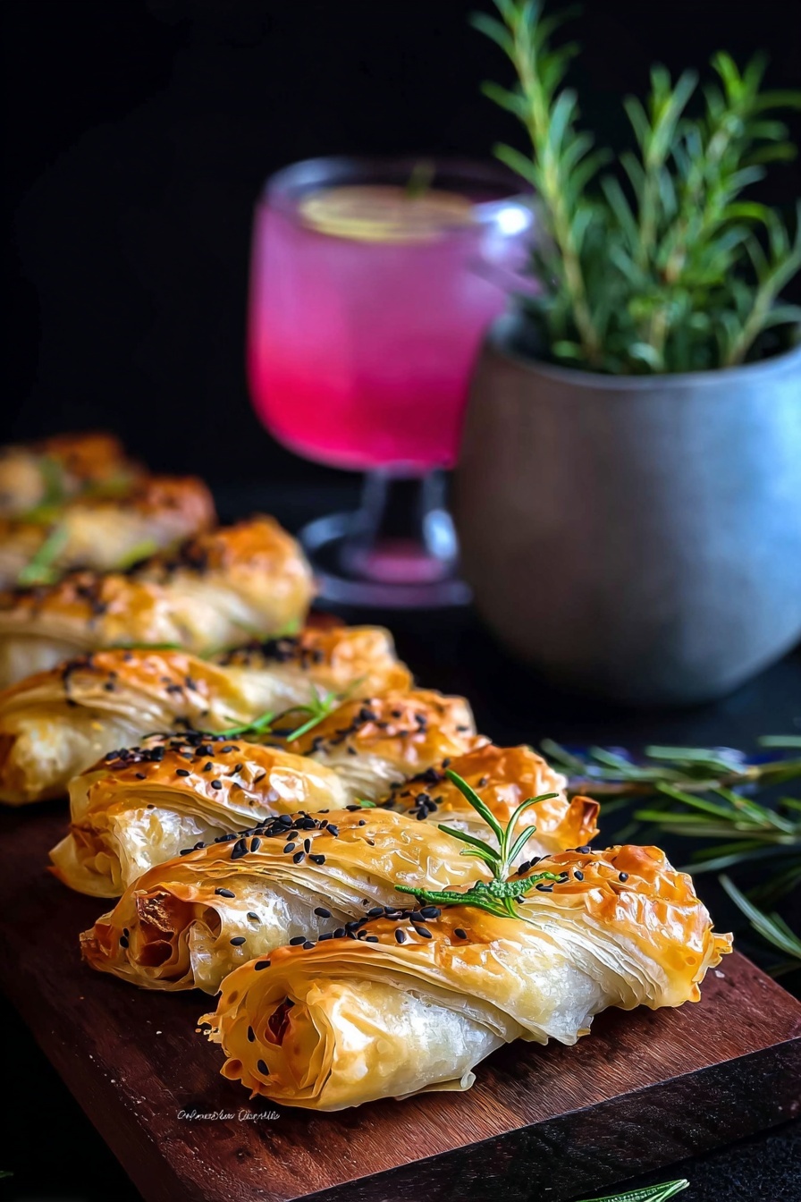 The image shows a row of six wrapped, golden-brown pastries, each twisted at both ends like small candies, placed on a dark wooden board. The pastry surface is slightly shiny with some crispy, flaky textures, sprinkled with black sesame seeds and small green rosemary leaves for garnish. In the background, a bright pink drink with a sprig of rosemary sits inside a clear glass, and next to it is a gray pot holding fresh rosemary sprigs. The entire scene is set against a dark background that highlights the warm colors of the food. photo taken with an iphone --ar 2:3 --v 7 - Cranberry Brie Filo Crackers, holiday appetizer ideas, quick party snacks, elegant finger foods, cranberry brie appetizer