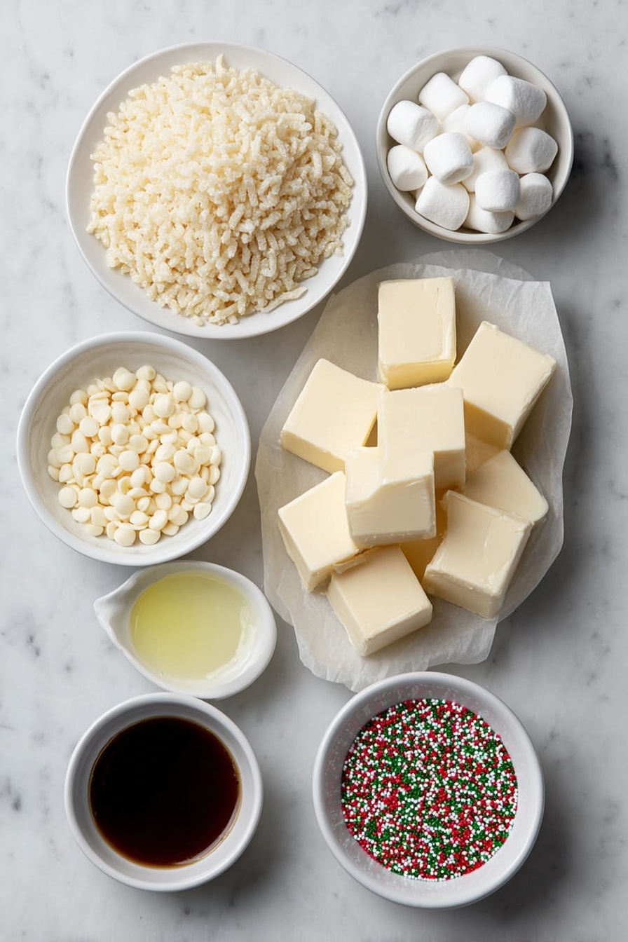 Flat lay of a small mound of puffed rice cereal, a handful of white mini marshmallows, a few cubes of unsalted butter, a small white bowl filled with vanilla extract, a small white bowl with white chocolate chips, a small white bowl of clear coconut oil, and a simple white ceramic dish holding red, green, and white nonpareil sprinkles, all arranged symmetrically on a clean white marble surface, soft natural light, photo taken with an iPhone, professional food photography style, fresh ingredients, white ceramic bowls, no bottles, no duplicates, no utensils, no packaging --ar 2:3 --v 7 --p m7354615311229779997 - Festive White Chocolate Rice Krispie Balls, Holiday Rice Krispie Treats, White Chocolate Christmas Snacks, Easy Holiday Party Desserts, Snowy White Chocolate Treats