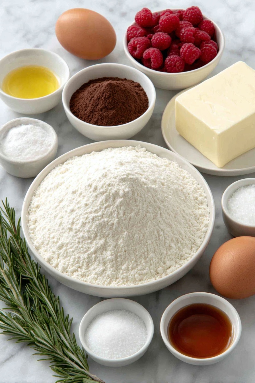 Flat lay of a small mound of all-purpose flour in a simple white ceramic bowl, a small white bowl filled with granulated sugar, a tiny white bowl holding unsweetened cocoa powder, a few grains of baking soda and baking powder scattered neatly on the surface, a small pinch of salt displayed in a separate white bowl, a small white bowl of golden vegetable oil, another small white bowl with creamy buttermilk, one large whole uncracked brown egg, a white bowl containing vibrant red food coloring gel, a small white bowl with vanilla extract, a tiny white bowl with white vinegar, a chunk of unsalted butter on a simple white plate, powdered sugar gently heaped in a small white bowl, a small white bowl of thick heavy cream, a pinch of salt resting in a white bowl, fresh bright red raspberries, and fresh rosemary sprigs artfully placed, all arranged symmetrically with realistic proportions, placed on a clean white marble surface, soft natural light, photo taken with an iPhone, professional food photography style, fresh ingredients, white ceramic bowls, no bottles, no duplicates, no utensils, no packaging --ar 2:3 --v 7 --p m7354615311229779997 - Festive Red Velvet Cupcakes, Red Velvet Cupcakes, Holiday Cupcakes, Moist Red Velvet Dessert, Easy Red Velvet Baking