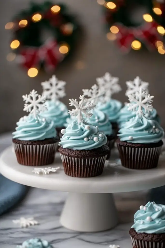 Winter Blue Chocolate Cupcakes with Snowflake Frosting Recipe