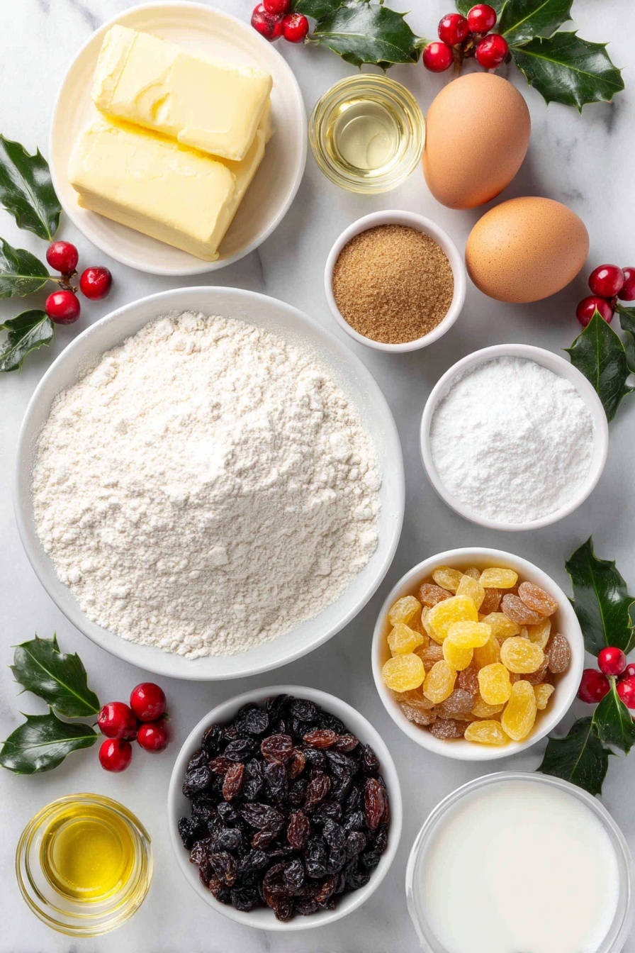 Flat lay of a small white ceramic bowl of all-purpose flour, a small white ceramic bowl with brown sugar, two whole uncracked brown eggs, a small white ceramic bowl of softened unsalted butter, a small white ceramic bowl of mixed dried fruit including raisins, currants, and chopped dried apricots, a small white ceramic bowl with smooth white powdered sugar, a small white ceramic bowl of whole milk, a small white ceramic bowl with clear golden brandy, a few sprigs of fresh edible holly leaves, and bright red maraschino cherries, all arranged with perfect symmetry and balanced proportions, placed on a clean white marble surface, soft natural light, photo taken with an iPhone, professional food photography style, fresh ingredients, white ceramic bowls, no bottles, no duplicates, no utensils, no packaging --ar 2:3 --v 7 --p m7354615311229779997 - Festive Christmas Pudding Cupcakes, Christmas dessert ideas, holiday cupcake recipes, boozy fruit cupcakes, Christmas baking treats