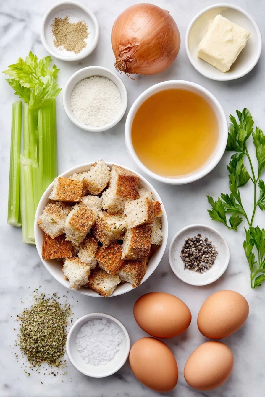 Flat lay of a small white ceramic bowl of dry seasoned bread cubes, a medium whole uncracked brown onion, two bright green celery ribs, a small white ceramic bowl with a portion of unsalted butter, two whole uncracked brown eggs with clean shells, a small white ceramic bowl of golden chicken broth, a little heap of dried poultry seasoning herbs, a small white ceramic bowl of fine garlic powder, a small white ceramic bowl of salt crystals, a small white ceramic bowl of black pepper, and a few sprigs of fresh green parsley placed neatly on a clean white marble surface, soft natural light, photo taken with an iPhone, professional food photography style, fresh ingredients, white ceramic bowls, no bottles, no duplicates, no utensils, no packaging --ar 2:3 --v 7 --p m7354615311229779997 - Stuffing Balls, holiday stuffing ideas, savory stuffing bites, Thanksgiving appetizers, baked stuffing balls
