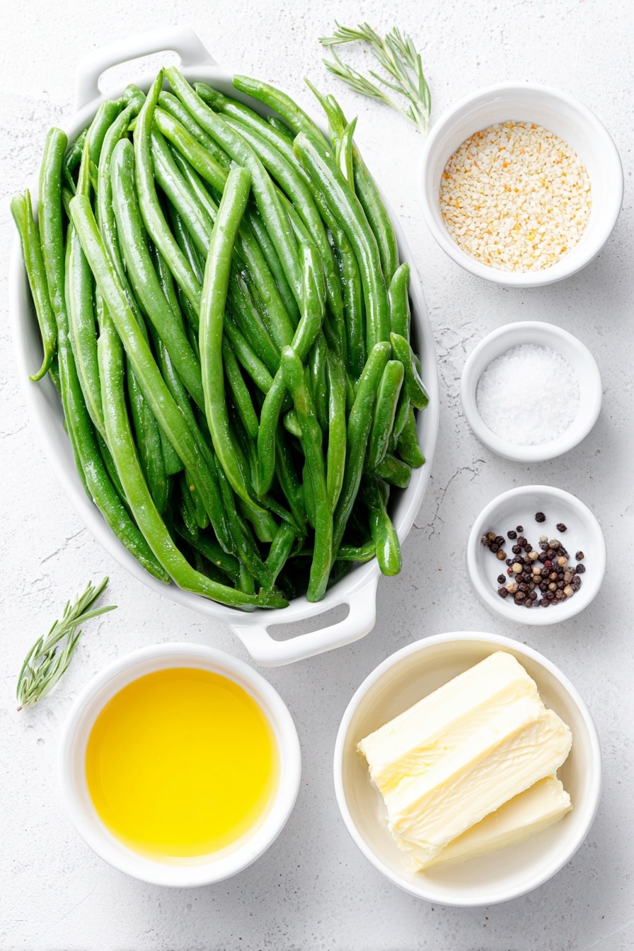 Flat lay of fresh green beans with ends trimmed, a small white ceramic bowl of coarse grain mustard with visible mustard seeds, a small white ceramic bowl of smooth Dijon mustard, a small white ceramic bowl containing melted golden butter, a small white ceramic bowl with lemon juice freshly squeezed, a few grains of kosher salt scattered beside a tiny mound, a small pile of whole black peppercorns, all arranged in perfect symmetry on a clean white ceramic surface, placed on a clean white marble surface, soft natural light, photo taken with an iPhone, professional food photography style, fresh ingredients, white ceramic bowls, no bottles, no duplicates, no utensils, no packaging --ar 2:3 --v 7 --p m7354615311229779997 - Green Beans with Mustard Butter Sauce, green bean side dish, easy green bean recipes, quick vegetable side, flavorful green bean recipe