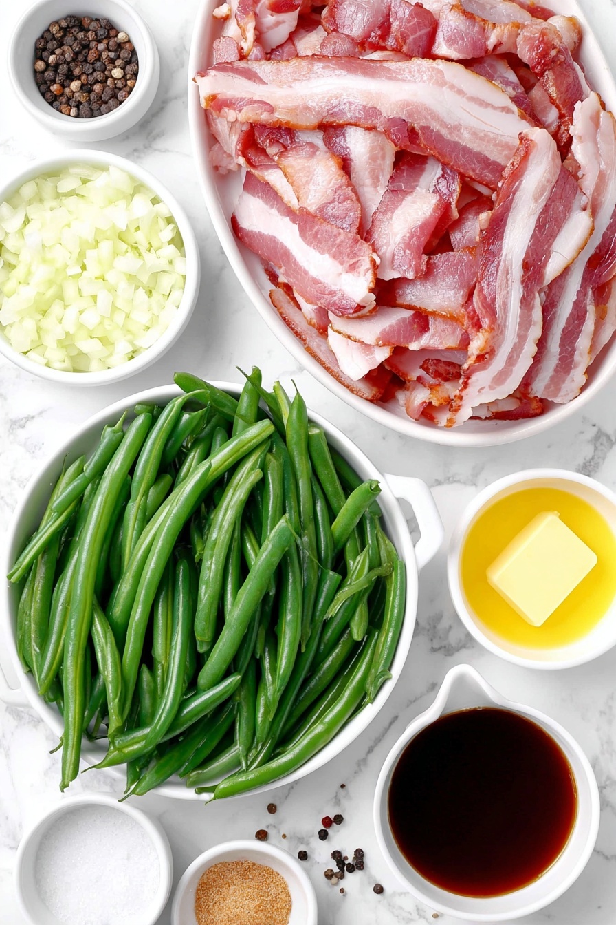 Flat lay of chopped crispy bacon slices, diced yellow onion in a small white bowl, a small white bowl of minced garlic, fresh green beans trimmed and cut into 1-inch pieces spread neatly, a small white bowl filled with golden butter, a small white bowl of dark brown Worcestershire sauce, a small white bowl with light brown granulated brown sugar, a small white bowl with clear vegetable broth, scattered salt crystals and whole black peppercorns, placed on a clean white marble surface, soft natural light, photo taken with an iPhone, professional food photography style, fresh ingredients, white ceramic bowls, no bottles, no duplicates, no utensils, no packaging --ar 2:3 --v 7 --p m7354615311229779997 - Slow Cooker Bacon Green Beans, green beans with bacon, easy green bean side dish, smoky green beans recipe, crock pot green beans