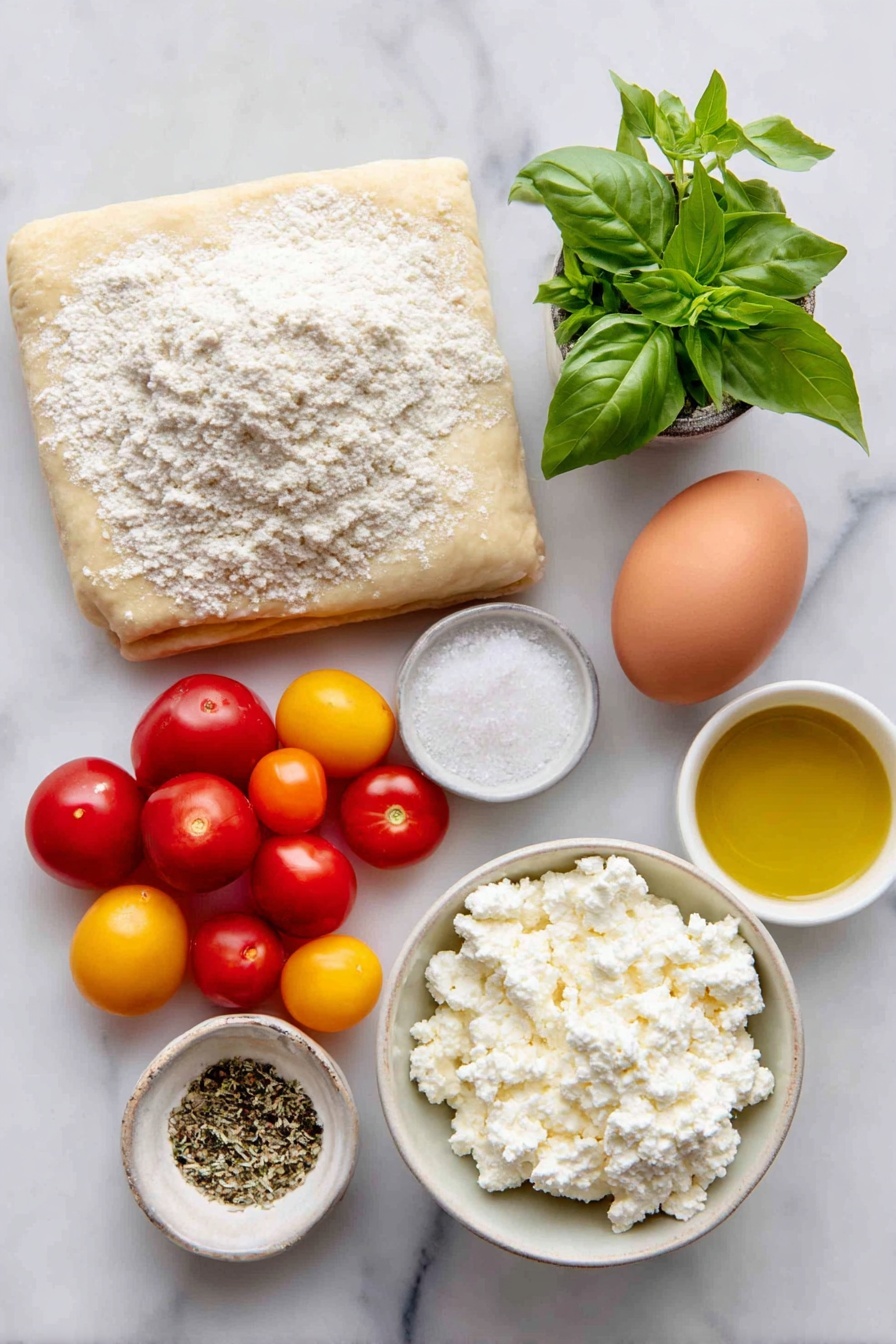 Flat lay of a fresh sheet of golden puff pastry, one whole uncracked brown egg, a small mound of creamy whole milk ricotta cheese on a simple white ceramic plate, a small white bowl filled with finely grated Parmigiano-Reggiano, a handful of bright green fresh basil leaves, a small white bowl of flaky sea salt crystals, a small white bowl of freshly ground black pepper, a few sprigs of dried oregano, a few sprigs of garlic powder in a small white bowl, a cluster of vibrant halved mini heirloom tomatoes in red, yellow, and orange hues, and a small white bowl of golden olive oil, all arranged in perfect symmetry on a clean white marble surface, soft natural light, photo taken with an iPhone, professional food photography style, fresh ingredients, white ceramic bowls, no bottles, no duplicates, no utensils, no packaging --ar 2:3 --v 7 --p m7354615311229779997 - Tomato Ricotta Puff Pastry Tartlets, savory puff pastry appetizer, easy tomato tartlets, roasted tomato tartlets, quick vegetarian appetizers