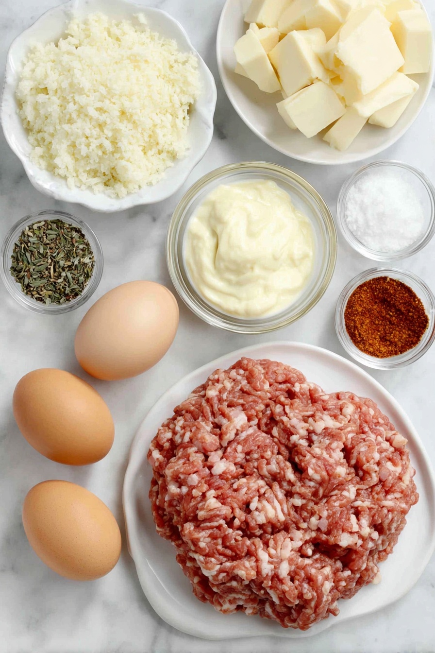 Flat lay of fresh raw ground chicken in a mound, finely chopped smoked ham scattered beside it, two whole brown eggs with clean shells, small white ceramic bowls each containing garlic powder, onion powder, smoked paprika, dried thyme, salt, and freshly ground black pepper, a small white ceramic bowl filled with creamy Dijon mustard, a neat pile of golden Panko bread crumbs on a white ceramic plate, Swiss cheese cut into perfect half-inch cubes arranged neatly on a white ceramic dish, all ingredients arranged symmetrically with balanced proportions, placed on a clean white marble surface, soft natural light, photo taken with an iPhone, professional food photography style, fresh ingredients, white ceramic bowls, no bottles, no duplicates, no utensils, no packaging --ar 2:3 --v 7 --p m7354615311229779997 - Chicken Cordon Bleu Bites, Chicken Cordon Bleu appetizer, easy chicken bites, ham and Swiss cheese bites, crispy chicken appetizer