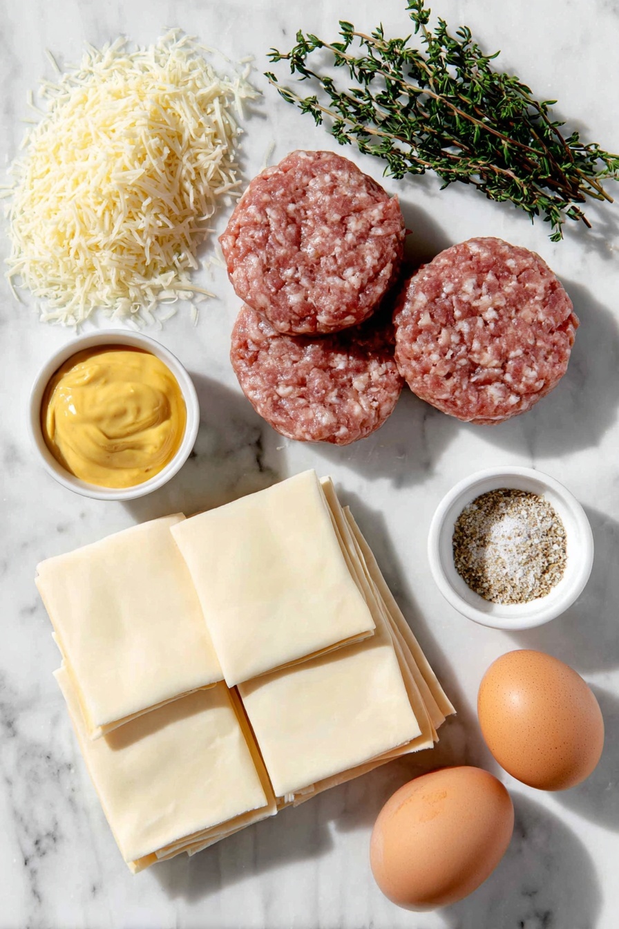 Flat lay of breakfast pork and sage sausage raw and unprocessed, a small mound of freshly grated sharp cheddar cheese, a small heap of golden panko breadcrumbs, two whole uncracked brown eggs, a small white ceramic bowl of bright yellow Dijon mustard, fresh green thyme sprigs with loose leaves, four rectangular sheets of pale puff pastry neatly stacked, a small white ceramic bowl filled with coarse Everything but the Bagel seasoning, a small white ceramic bowl holding glossy amber hot honey, all arranged in perfect symmetry on a clean white marble surface, soft natural light, photo taken with an iPhone, professional food photography style, fresh ingredients, white ceramic bowls, no bottles, no duplicates, no utensils, no packaging --ar 2:3 --v 7 --p m7354615311229779997 - Hot Honey Sausage Rolls with Thyme, sausage rolls with hot honey, savory sausage and thyme pastries, spicy sweet sausage snack, easy hot honey sausage recipe