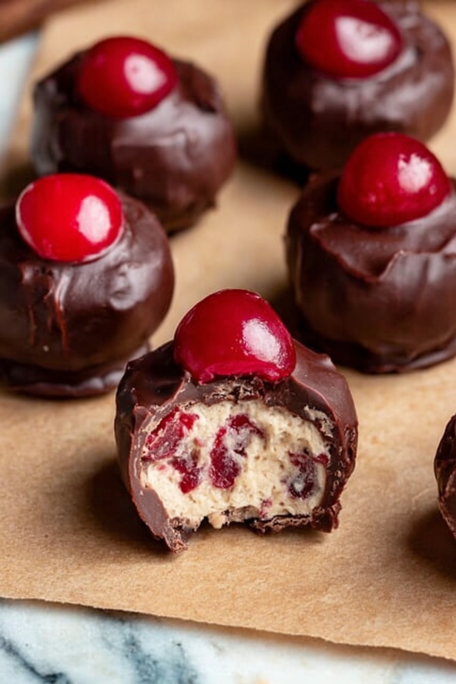 The image shows several small round treats on a brown paper surface with a white marbled background. Each treat has three layers: the outer layer is dark, shiny chocolate with a slightly bumpy texture. Inside, the middle layer is creamy and light-colored with visible tiny red bits, suggesting a soft filling. The top layer is a bright red cherry sitting on each chocolate ball. One treat in front is bitten into, exposing the creamy middle and cherry pieces inside. Photo taken with an iphone --ar 2:3 --v 7 - Cherry Bourbon Balls, Bourbon Balls Recipe, Festive Holiday Treats, Chocolate Cherry Bourbon Bites, No-Bake Cherry Bourbon Dessert