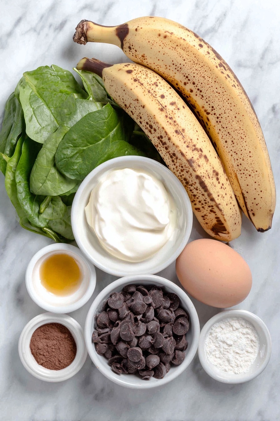Flat lay of three very ripe bananas with smooth brown spots, two large handfuls of fresh vibrant green baby spinach leaves, a single whole uncracked brown egg, a small white ceramic bowl of creamy white full-fat Greek yogurt, a small white ceramic bowl of amber-colored oil, a small white ceramic bowl of light brown granulated sugar, a small white ceramic bowl of fine white whole wheat flour, a small white ceramic bowl of dark brown cocoa powder, a small white ceramic bowl of smooth pale beige vanilla extract, a small white ceramic bowl of fine sea salt crystals, and a small white ceramic bowl of shiny semi-sweet dark chocolate chips placed on a clean white marble surface, soft natural light, photo taken with an iPhone, professional food photography style, fresh ingredients, white ceramic bowls, no bottles, no duplicates, no utensils, no packaging --ar 2:3 --v 7 --p m7354615311229779997 - Healthy Chocolate Spinach Muffins, wholesome muffin recipes, easy healthy snack ideas, chocolate spinach muffin recipe, nutritious baked goods