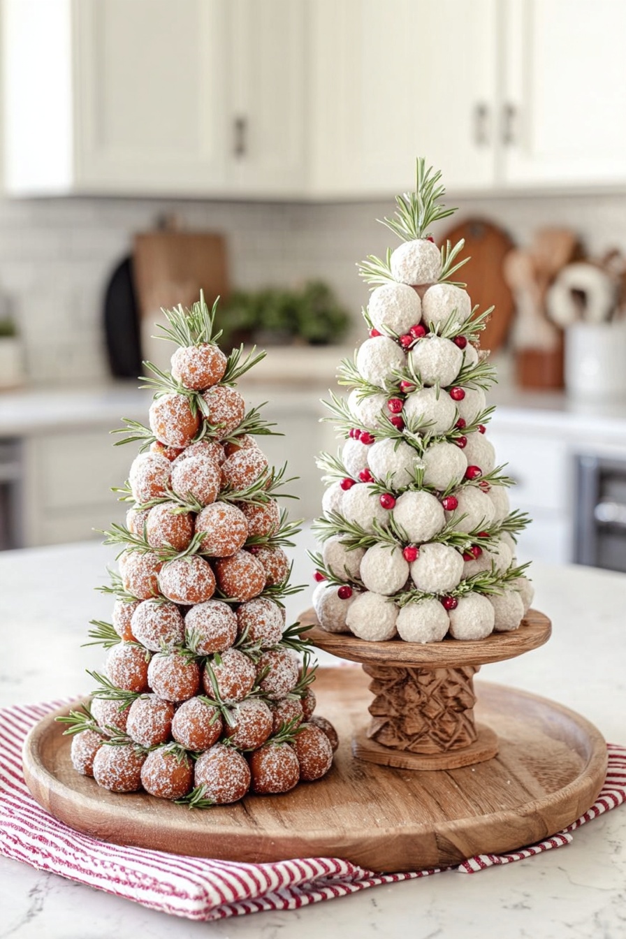 The image shows two cone-shaped towers made of small round balls stacked in neat layers on a round wooden tray with a red-striped cloth on the side. The left tower is made of brown doughnut balls dusted with white powder and decorated with green sprigs of rosemary evenly spaced throughout the layers. The right tower consists of white powdered balls arranged in similar layers with small red berries and sprigs of rosemary tucked between the layers, all standing on a carved wooden pedestal on the tray. The scene is set on a white marbled counter with a blurred kitchen background. photo taken with an iphone --ar 2:3 --v 7 - Festive Donut Tree, holiday dessert centerpiece, Christmas donut tree, holiday treat ideas, fun holiday dessert