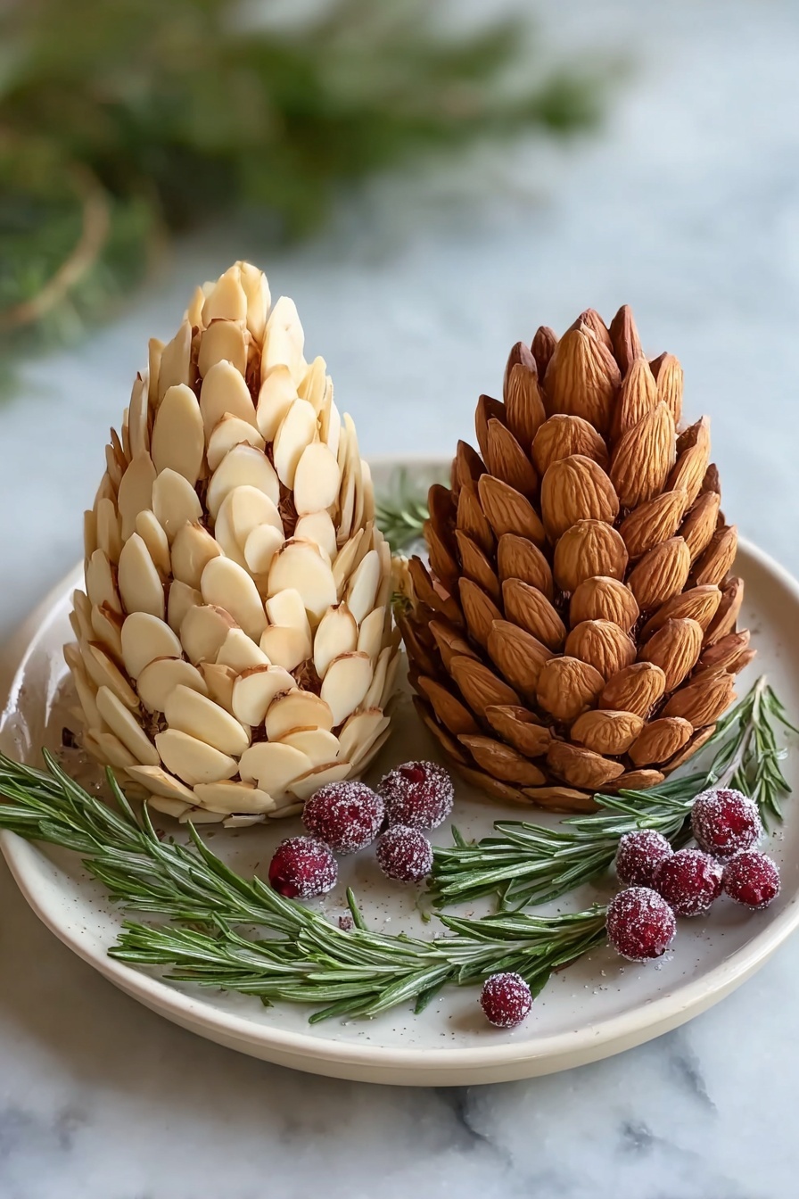 Two pine cone shaped treats sit on a white plate with a white marbled surface background. The left pine cone is covered in pale, thin almond slices layered closely together from the base to the pointed top. The right pine cone is covered in whole brown almonds layered similarly. Between and around the pine cones there are sprigs of green rosemary and small, sugar-coated red berries that add contrast and a festive look. Photo taken with an iphone --ar 2:3 --v 7 - Pinecone Cheese Ball with Nuts and Rosemary, festive cheese ball appetizer, holiday cheese ball recipe, pinecone-shaped cheese dip, nut-studded cheese ball with herbs