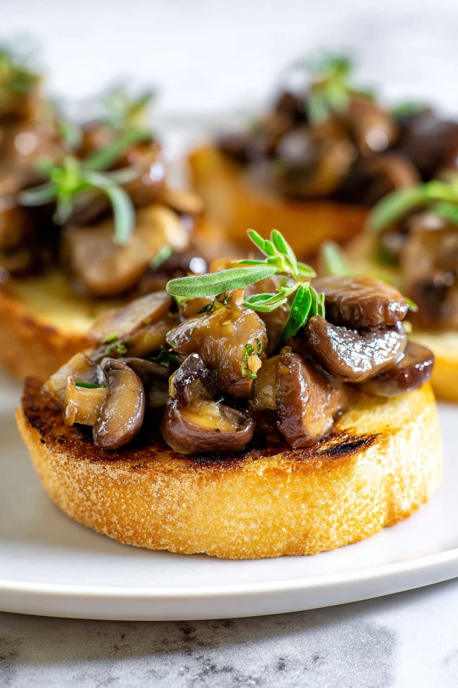 The image shows a close-up of a small round toast slice as the base, golden brown with light grill marks and a slightly rough texture. On top of the toast is a generous layer of sautéed mushrooms in varying shades of brown, some shiny from oil, with a mix of small and large mushroom pieces creating a textured and chunky look. The mushrooms are garnished with small fresh green herb sprigs placed on top, adding a pop of color. The toast with mushrooms is placed on a white plate set against a white marbled background. photo taken with an iphone --ar 2:3 --v 7 - Mushroom Thyme Crostini, mushroom appetizer, savory crostini recipe, easy mushroom canapés, herb-infused appetizer