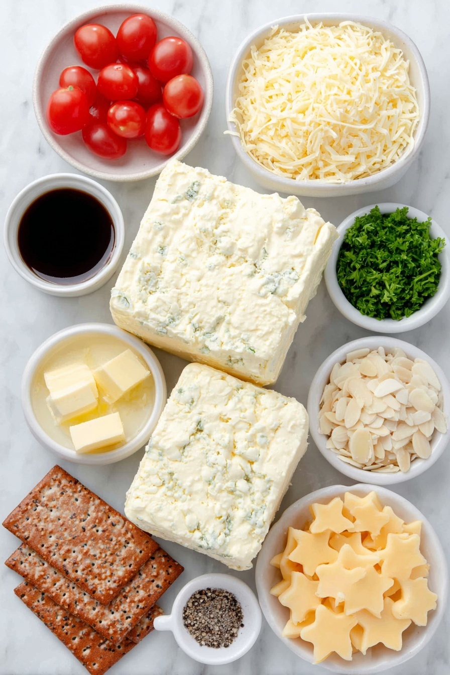 Flat lay of two blocks of soft cream cheese, a small mound of finely shredded bright orange cheddar cheese, a few chopped green onions, a small white bowl of diced red pimientos, a small white bowl with melted golden butter, a small white bowl of Worcestershire sauce, a small white bowl containing pale garlic powder, a small white bowl of coarse kosher salt, a small white bowl of ground black pepper, a dozen halved shiny red cherry tomatoes, a small pile of finely chopped fresh green parsley, a small pile of thinly sliced almonds, a bright yellow pepper cut into star-shaped pieces, assorted crackers and pretzels arranged neatly, all placed on a clean white marble surface, soft natural light, photo taken with an iPhone, professional food photography style, fresh ingredients, white ceramic bowls, no bottles, no duplicates, no utensils, no packaging --ar 2:3 --v 7 --p m7354615311229779997 - Christmas Tree Cheese Ball, holiday cheese ball, festive appetizer, Christmas cheese ball, party cheese ball