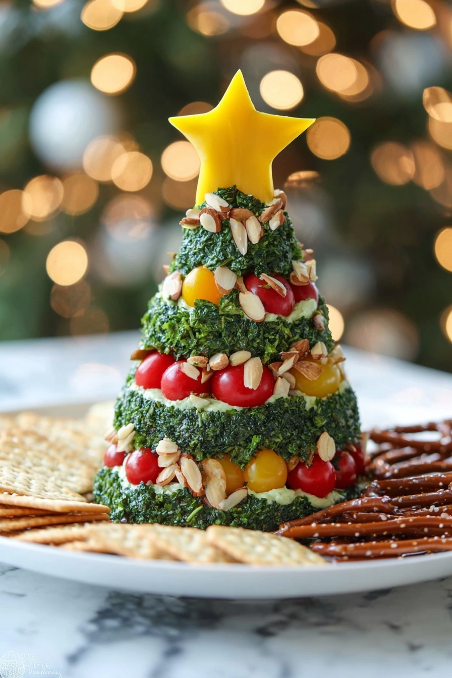 The dish shows a Christmas tree-shaped food sculpture with three main visible layers covered in chopped green herbs. The base layers are decorated with thin slices of light brown almonds arranged like garlands, with bright red cherry tomatoes and small yellow diced pieces like bell peppers placed all over the tree. The top of the tree is finished with a large, star-shaped yellow piece. The tree sits on a white plate with round crackers and dark brown pretzel sticks placed around its base, all on a white marbled surface with warm blurred lights in the background. Photo taken with an iphone --ar 2:3 --v 7 - Christmas Tree Cheese Ball, holiday cheese ball, festive appetizer, Christmas cheese ball, party cheese ball