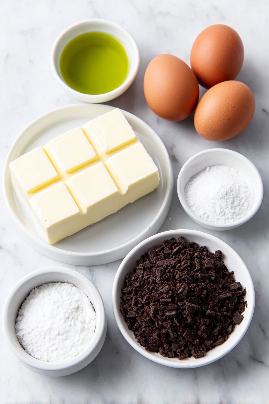 Flat lay of a small mound of dark Oreo cookie crumbs, a few small cubes of pale yellow melted butter on a plain white ceramic plate, two smooth whole brown eggs with clean shells, a soft block of creamy white cream cheese resting on a simple white ceramic dish, a small white ceramic bowl filled with fine white granulated sugar, a small white ceramic bowl holding neon green liquid food coloring, and a small white ceramic bowl of clear vanilla extract, all arranged with perfect symmetry and balanced proportions, placed on a clean white marble surface, soft natural light, photo taken with an iPhone, professional food photography style, fresh ingredients, white ceramic bowls, no bottles, no duplicates, no utensils, no packaging --ar 2:3 --v 7 --p m7354615311229779997 - Grinch Mini Cheesecakes with Oreo Crust, festive holiday desserts, easy Christmas cheesecake recipes, green mini cheesecakes for Christmas, no-bake cheesecake ideas