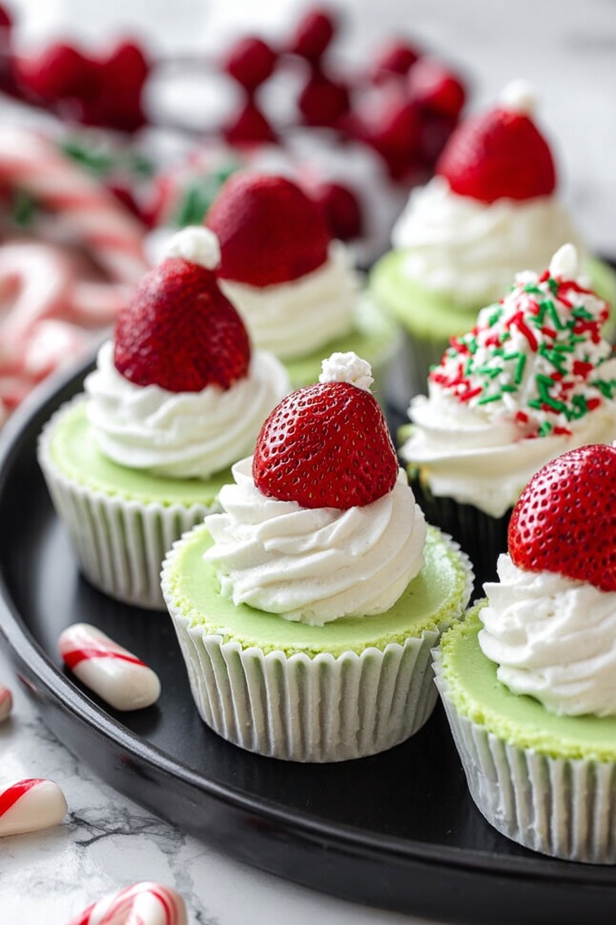 The image shows several mini green cheesecakes in white cupcake liners arranged on a dark round plate placed on a white marbled surface. Each cheesecake has a smooth pale green layer topped with white whipped cream. Some cheesecakes are decorated with whole red strawberries placed on top of a swirl of whipped cream, resembling little Santa hats. One cheesecake in the background has whipped cream topped with red and green sprinkles. The background also includes red berries and white peppermint candies blurred out. Photo taken with an iphone --ar 2:3 --v 7 - Grinch Mini Cheesecakes with Oreo Crust, festive holiday desserts, easy Christmas cheesecake recipes, green mini cheesecakes for Christmas, no-bake cheesecake ideas