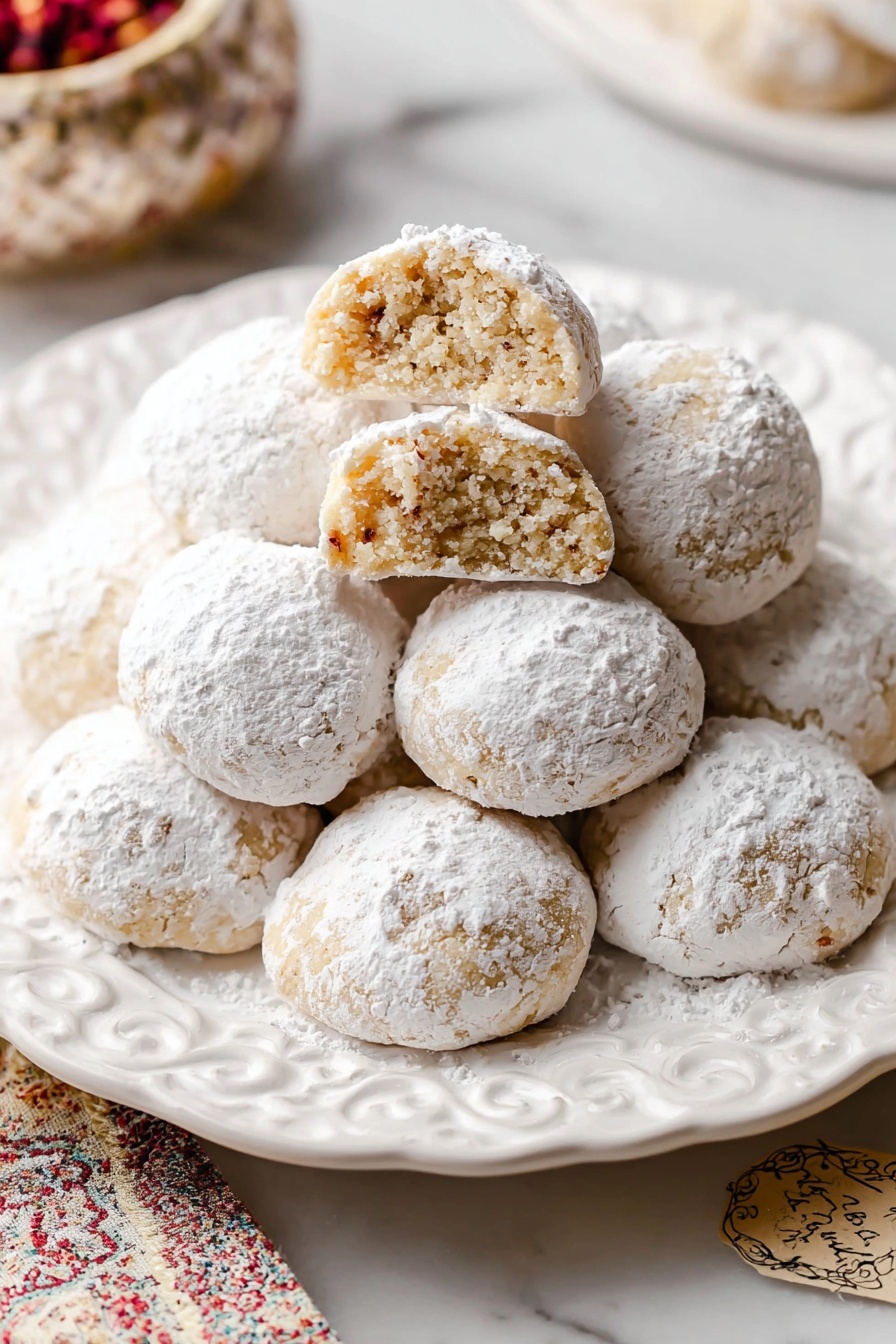 A white dish filled with many round cookies covered all over with white powdered sugar, each cookie showing a rough, crumbly texture through the sugar. The cookies are light brown under the sugar and piled closely together. One cookie near the top center has a bite taken out, showing a dense, soft inside. The dish has a red border with a simple red pattern inside. The background is a white marbled texture. photo taken with an iphone --ar 2:3 --v 7 - Christmas Snowball Cookies, holiday butter cookies, powdered sugar cookies, melt-in-your-mouth holiday cookies, festive Christmas treats