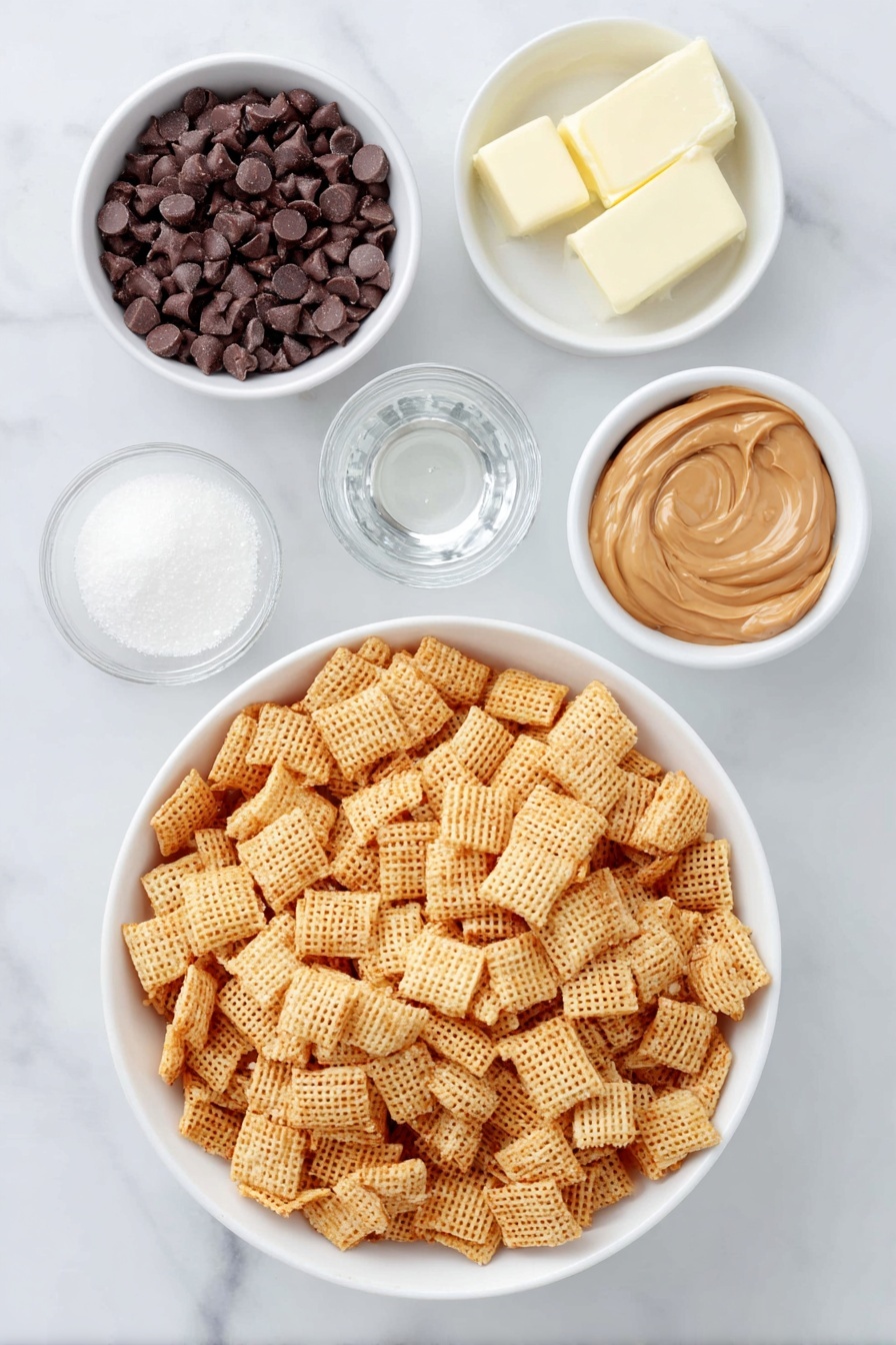 Flat lay of a large white ceramic bowl filled with fresh, crispy Chex cereal squares, a small white bowl of smooth semi-sweet chocolate chips, a small white bowl holding creamy peanut butter, another small white bowl with solid pale yellow butter, a small white bowl containing clear vanilla extract, a small white bowl heaped with fine powdered sugar, and a small white bowl filled with colorful festive sanding sugar crystals, all arranged symmetrically and proportionally, placed on a clean white marble surface, soft natural light, photo taken with an iPhone, professional food photography style, fresh ingredients, white ceramic bowls, no bottles, no duplicates, no utensils, no packaging --ar 2:3 --v 7 --p m7354615311229779997 - Festive Chocolate Peanut Butter Puppy Chow, holiday puppy chow snack, easy holiday treats, festive chocolate peanut butter dessert, holiday party snack