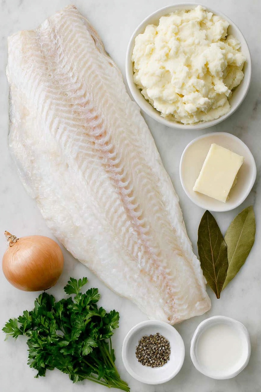 Flat lay of a whole smoked haddock fillet with natural skin, a small bunch of fresh parsley sprigs with separated leaves and stalks, a single fresh bay leaf, a medium brown onion unpeeled, a pat of unsalted butter on a white ceramic dish, a small white bowl filled with creamy mashed potatoes, a small white bowl holding whole milk, a small white bowl of kosher salt, a small white bowl containing freshly ground black pepper, placed on a clean white marble surface, soft natural light, photo taken with an iPhone, professional food photography style, fresh ingredients, white ceramic bowls, no bottles, no duplicates, no utensils, no packaging --ar 2:3 --v 7 --p m7354615311229779997 - Scottish Cullen Skink, Authentic Scottish Cullen Skink, traditional Scottish fish chowder, smoked haddock soup, Scottish seafood recipe