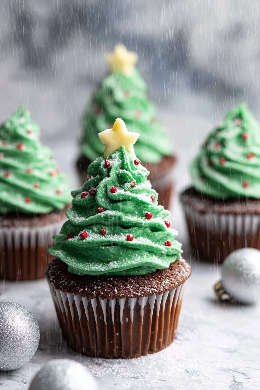 The image shows four cupcakes with chocolate bases wrapped in paper liners. Each cupcake has one tall, swirling layer of thick green frosting shaped like a Christmas tree on top. The frosting is decorated with small red round sprinkles and a dusting of powdered sugar that looks like snow. There is a small yellow star-shaped candy placed at the peak of the frosting on the front cupcake. The cupcakes sit on a white marbled surface with a few blurred silver ornaments in the background, and powdered sugar is falling over them like snow. Photo taken with an iphone --ar 2:3 --v 7 - Christmas Tree Cupcakes, festive holiday cupcakes, Christmas tree baking ideas, holiday cupcake recipes, cute Christmas dessert