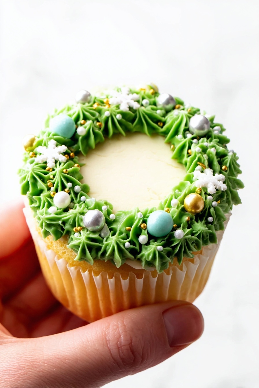 A single cupcake held by a woman's hand shows three main parts: the light golden cupcake base with ridged white paper wrapper at the bottom, a flat white cream layer on top covering the whole surface, and a decorative green frosting wreath around the edge. The green frosting is piped in star-shaped dollops, forming a circular border. This border is decorated with small round sprinkles in shiny gold, silver, light blue, and solid white, along with tiny white rod sprinkles and a few white star-shaped sprinkles. The background is plain white marbled texture. photo taken with an iphone --ar 2:3 --v 7 - Christmas Vanilla Cupcakes with Buttercream, festive vanilla cupcake recipe, holiday cupcake ideas, moist vanilla cupcakes with buttercream, easy Christmas cupcake recipe