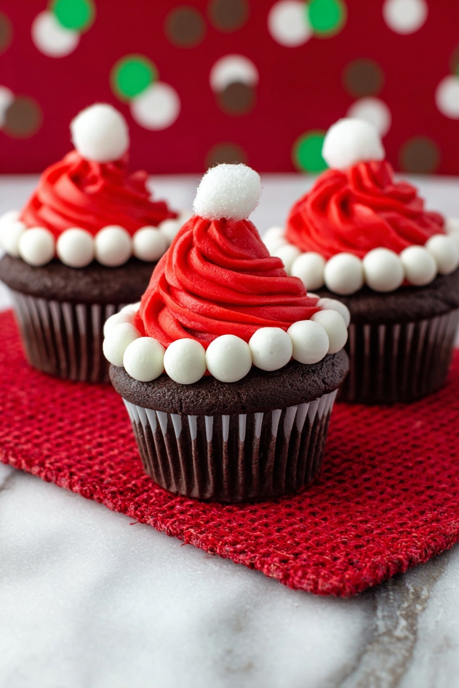Three dark chocolate cupcakes sit on a bright red woven mat over a white marbled surface. Each cupcake has three layers of decoration; the base is the dark brown cupcake, topped with a swirl of bright red frosting shaped like a Santa hat, and a ring of white dollops around the base of the red frosting resembling the hat's trim. On top of each red swirl is a small white dollop mimicking a pom-pom. The background has soft out-of-focus red, green, and brown polka dots. photo taken with an iphone --ar 2:3 --v 7 - Santa Hat Cupcakes with Mini Marshmallows, festive cupcake ideas, holiday cupcake recipes, Christmas cupcake decorations, adorable holiday treats