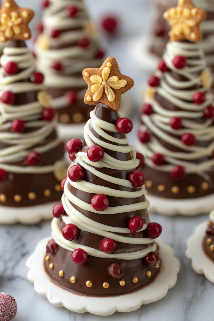 The image shows a festive chocolate cone shaped like a Christmas tree placed on a round white scalloped-edged chocolate base decorated with small golden dots. The cone is dark brown with smooth texture and wrapped in white chocolate drizzles spiraling down like garlands. Red shiny round candies are placed evenly along the white drizzle, resembling ornaments. The top of the tree has a small golden star made of cookie that looks crunchy. In the background, there are more similar chocolate trees with small yellow flower-like decorations on their cones, all set on a white marbled surface. photo taken with an iphone --ar 2:3 --v 7 - Holiday Chocolate Trees, festive chocolate trees, holiday treat ideas, easy holiday desserts, Christmas chocolates