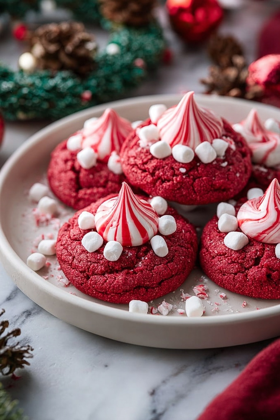 The image shows a group of red cookies with a soft texture, stacked closely on a white plate. Each cookie has one large white swirl-shaped peppermint candy with red stripes standing in the center. Around the peppermint swirl, there are small white marshmallows and crushed red and white peppermint pieces scattered on the top surface of the cookies. The plate is placed on a white marbled surface, adding a clean and bright background to the red and white color contrast of the cookies. photo taken with an iphone --ar 2:3 --v 7 - Red Velvet Peppermint Cookies, festive holiday cookies, holiday dessert recipes, peppermint cookie ideas, easy Christmas cookies