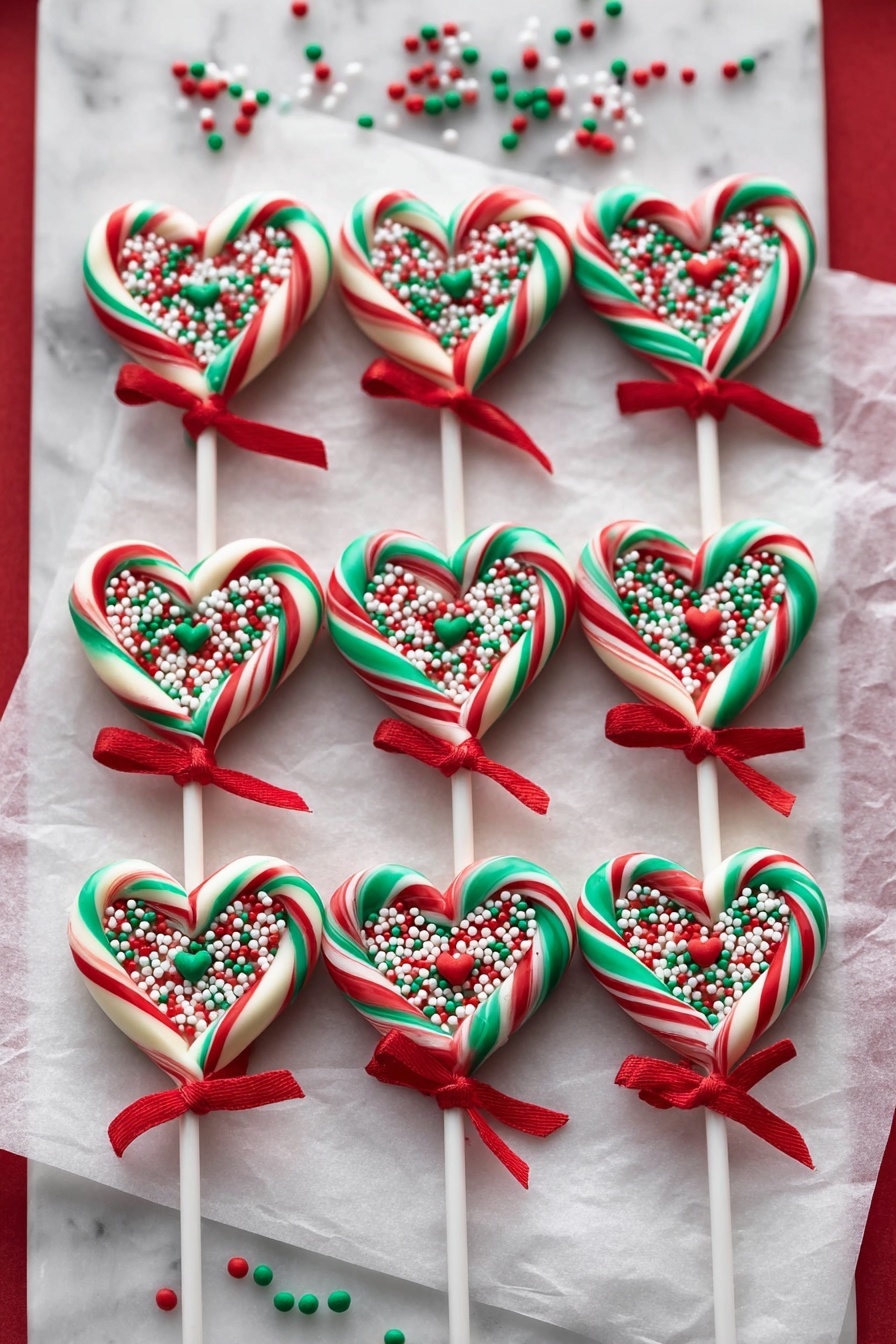 There are eight heart-shaped candy sticks laid out in two rows on a white tray covered with white parchment paper, all on a white marbled surface. Each candy stick has a red-and-white or green-and-white twisted candy forming the outer heart, with a small white heart in the center topped with red, green, and white round sprinkles. The candy sticks have white sticks at the bottom, each tied with a small red ribbon. Scattered red, green, and white sprinkles are spread around the tray on the marbled surface. photo taken with an iphone --ar 2:3 --v 7 - Candy Cane Heart Lollipops, holiday candy canes, festive homemade treats, easy Christmas lollipops, kids Christmas crafts