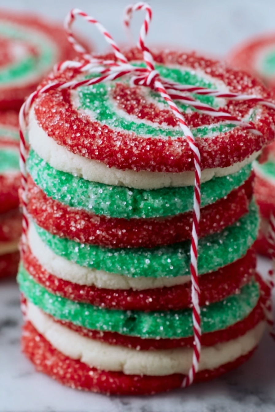 A close-up of a stack of thick, round cookies tied with a red and white string. Each cookie has alternating layers of red, white, and green sugar sprinkles, giving a festive look. The red layers are bright with a rough sugar texture, the white layers are smooth and lighter, and the green layers add a fresh contrast. The cookies are stacked on top of each other, showing the colorful striped pattern on their sides. The background is a white marbled texture. Photo taken with an iphone --ar 2:3 --v 7 - Festive Christmas Pinwheel Cookies, holiday swirl cookie recipe, Christmas cookie ideas, colorful holiday cookies, easy festive cookie recipes