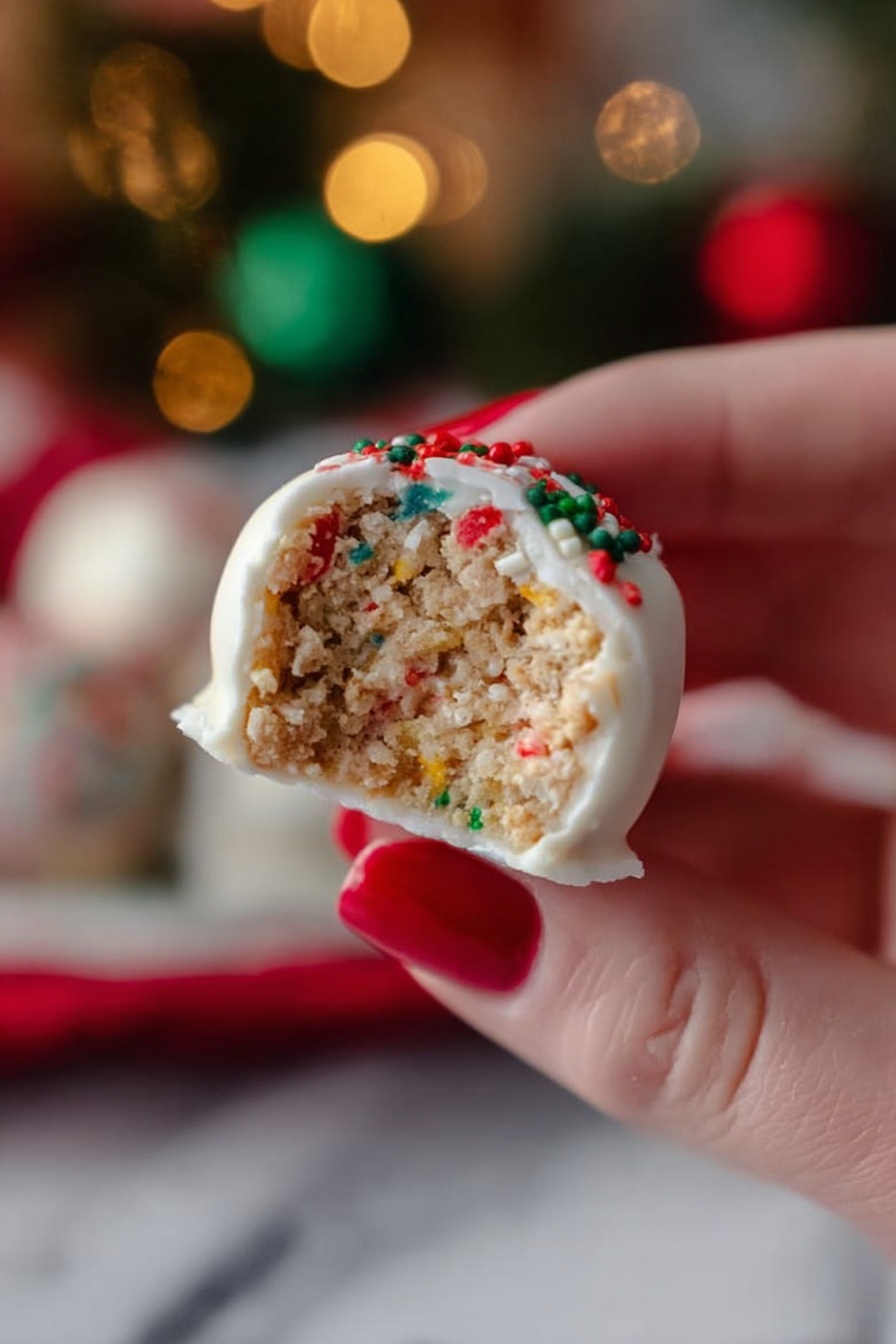 The image shows a white plate with speckles holding round white cookies decorated with thin red stripes and small green sprinkles. One cookie at the top right has a bite taken out, revealing a soft brown inside. The cookies are arranged closely together over the white marbled surface background. photo taken with an iphone --ar 2:3 --v 7 - Christmas Tree Cake Truffles, festive holiday treats, easy Christmas desserts, holiday party chocolates, Christmas baking ideas