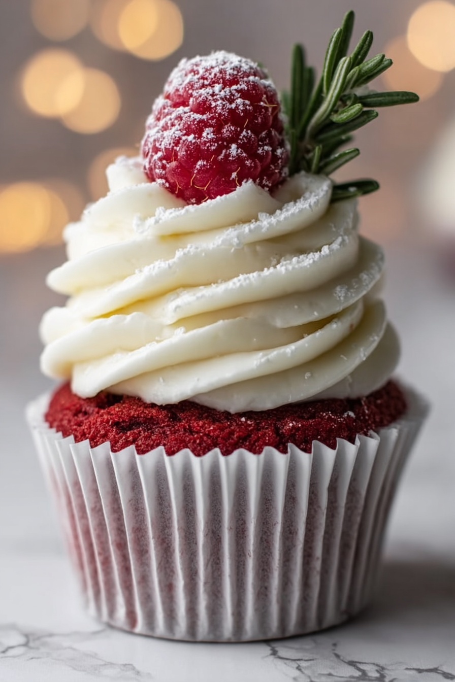 A single red cupcake sits in a white paper liner on a white marbled surface. It has two main layers: the bottom layer is a deep red cake with a soft texture, and the top layer is thick, creamy white frosting swirled in a spiral pattern. On the very top of the frosting, there is a bright red raspberry dusted lightly with powdered sugar. A small sprig of green rosemary is placed behind the raspberry, adding a touch of color contrast. The background is softly blurred with warm, light bokeh. Photo taken with an iphone --ar 2:3 --v 7 - Festive Red Velvet Cupcakes, Red Velvet Cupcakes, Holiday Cupcakes, Moist Red Velvet Dessert, Easy Red Velvet Baking