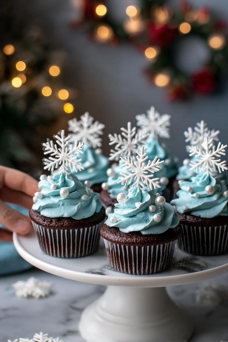 Winter Blue Chocolate Cupcakes with Snowflake Frosting Recipe - Serving