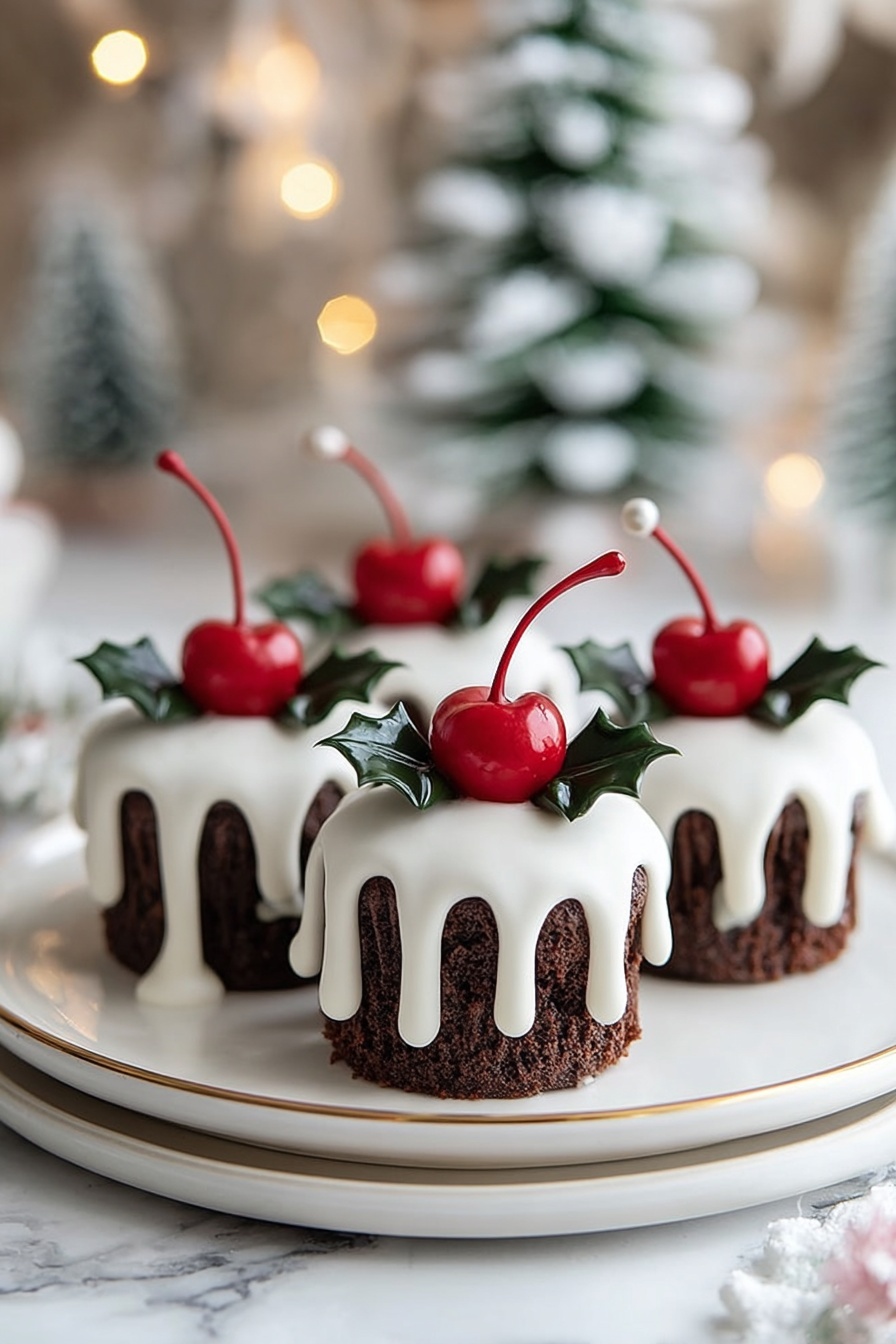 There are four small chocolate cupcakes arranged on a white round plate with a gold edge, placed on a white marbled surface. Each cupcake is topped with thick, white icing that drips down the sides in uneven layers. On top of each cupcake, there is a bright red cherry with a long stem and two dark green holly leaves positioned below the cherry. The background is blurry but shows a Christmas tree with white frosted branches and glowing lights. Photo taken with an iphone --ar 2:3 --v 7 - Festive Christmas Pudding Cupcakes, Christmas dessert ideas, holiday cupcake recipes, boozy fruit cupcakes, Christmas baking treats
