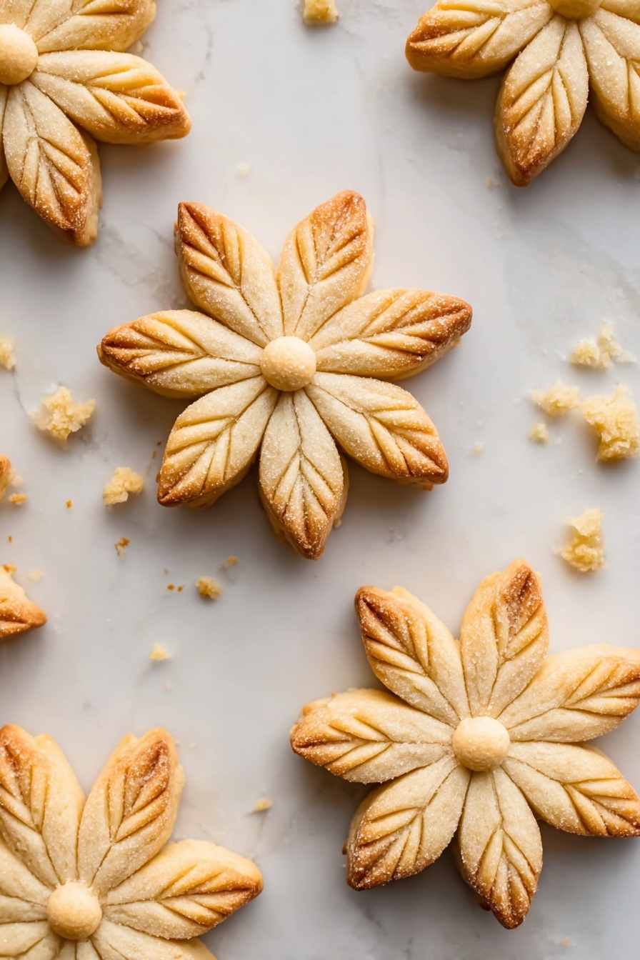 The image shows several flower-shaped cookies placed on a white marbled surface. Each cookie has six pointed petals with a slightly golden-brown edge and light beige color inside. The petals have a leaf-like texture with thin lines running from the center to the tips. The center of each flower cookie has a small round ball of dough, simple and smooth in texture. Some cookies are fully visible, others partially in the frame, all evenly spaced with a few crumbs scattered around. The lighting is soft, highlighting the texture and slight browning on the cookies, photo taken with an iphone --ar 2:3 --v 7 - Snowflake Cookie, winter holiday cookies, buttery snowflake cookies, festive Christmas cookies, delicate holiday treats