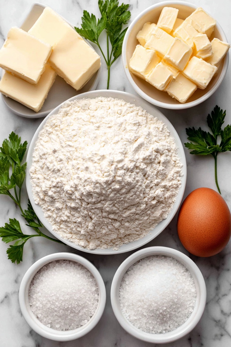 Flat lay of a small mound of all-purpose flour, two bright green sprigs of fresh parsley, a small white ceramic bowl filled with granulated sugar, a small white ceramic bowl holding fine sea salt crystals, a small white ceramic bowl containing instant yeast powder, a small white ceramic bowl with warm milk, a whole large brown egg with a smooth clean shell, a small white ceramic bowl with softened unsalted butter, a small white ceramic bowl with minced fresh garlic, and a small white ceramic bowl filled with flaky sea salt crystals, all arranged symmetrically on a clean white marble surface, soft natural light, photo taken with an iPhone, professional food photography style, fresh ingredients, white ceramic bowls, no bottles, no duplicates, no utensils, no packaging --ar 2:3 --v 7 --p m7354615311229779997 - Garlic Bread Rolls for Thanksgiving, Thanksgiving bread side dish, cheesy garlic dinner rolls, soft buttery garlic rolls, holiday bread recipes