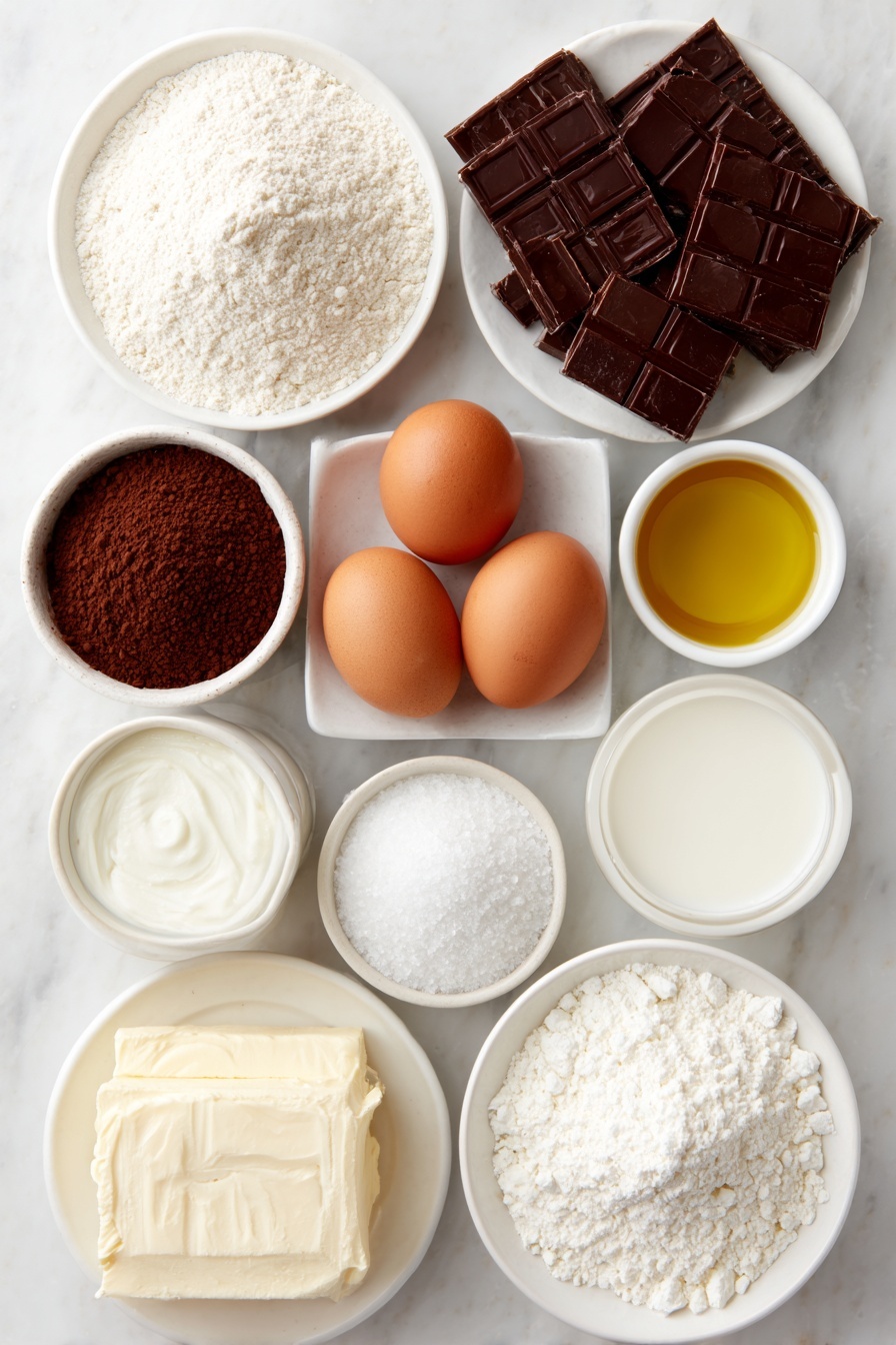 Flat lay of a small mound of all-purpose flour, a heap of granulated sugar, a small white bowl of unsweetened cocoa powder, a teaspoon of baking powder in a small white bowl, a half teaspoon of baking soda in a small white bowl, a small pinch of salt on white ceramic plate, two large brown eggs with clean shells, a small white bowl of golden vegetable oil, a small white bowl of whole milk, a small white bowl of clear vanilla extract, a small white bowl of hot water, a chunk of pale yellow unsalted butter, a heap of powdered sugar on a white ceramic plate, a small white bowl of heavy cream, a small white bowl of green food coloring, small balls of bright red fondant, and small white fondant flowers all arranged symmetrically in a balanced layout on a clean white marble surface, soft natural light, photo taken with an iPhone, professional food photography style, fresh ingredients, white ceramic bowls, no bottles, no duplicates, no utensils, no packaging --ar 2:3 --v 7 --p m7354615311229779997 - Chocolate Wreath Cupcakes, festive holiday cupcakes, chocolate cupcake recipe, wreath design cupcakes, easy holiday dessert