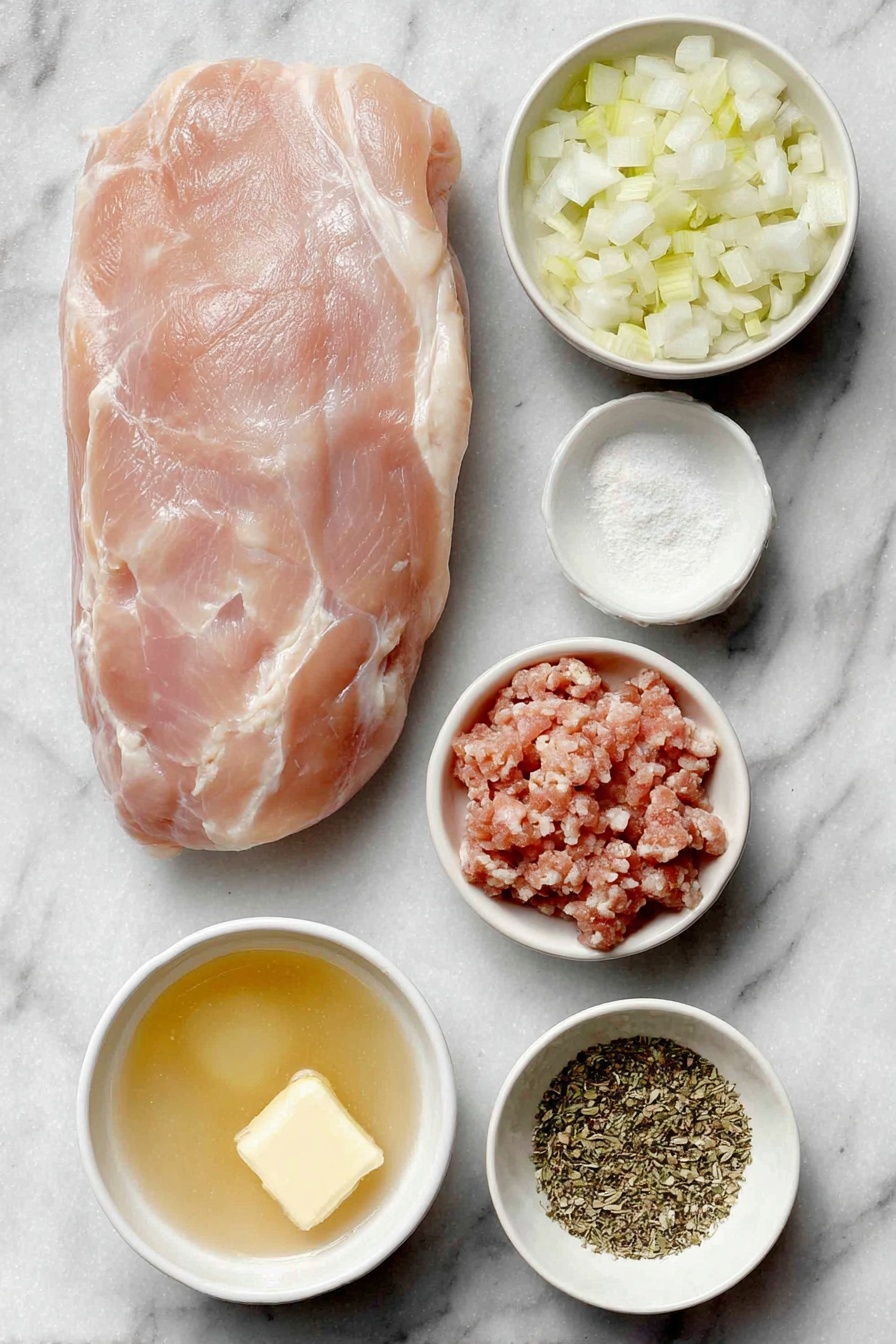 Flat lay of a whole skinless boneless turkey breast, a small mound of Italian sausage meat loose and raw, a few finely diced yellow onion pieces, some finely diced celery stalks, a small white bowl of golden softened unsalted butter, a small white bowl of light chicken broth, a small white bowl of kosher salt, a small white bowl of ground black pepper, a small white bowl of garlic powder, a neat pile of herb stuffing mix, placed on a clean white marble surface, soft natural light, photo taken with an iPhone, professional food photography style, fresh ingredients, white ceramic bowls, no bottles, no duplicates, no utensils, no packaging --ar 2:3 --v 7 --p m7354615311229779997 - Turkey Roulade with Sausage Stuffing, turkey roulade, sausage-stuffed turkey, holiday main dish, savory turkey stuffing