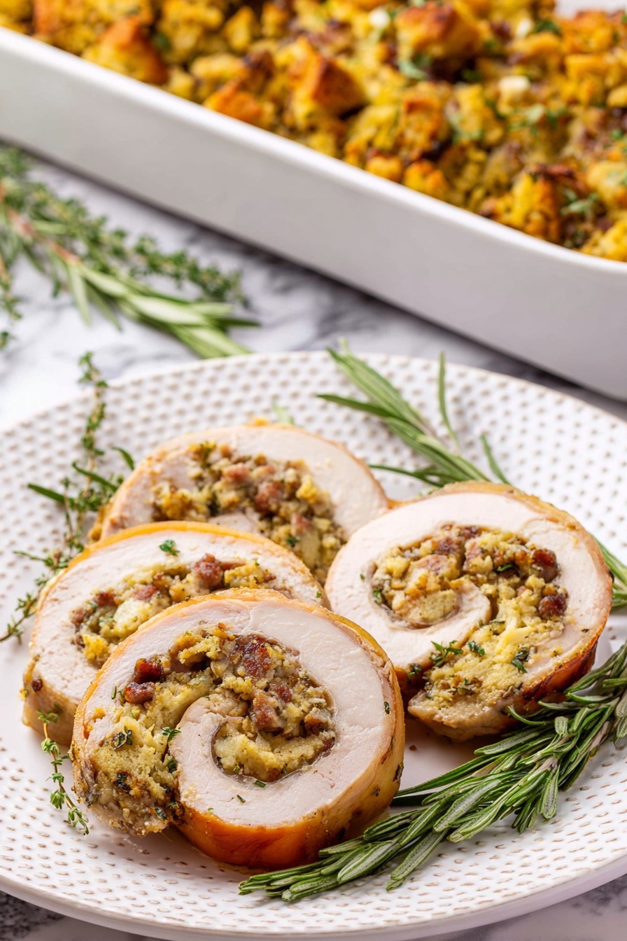 The image shows three thick slices of rolled turkey with a stuffing inside on a white plate with a dotted edge. The turkey skin is golden brown and slightly crispy, while the stuffing inside is a mix of light yellow and brown chunks, textured with herbs and small bits of sausage. There are fresh sprigs of green rosemary and thyme placed around the turkey slices on the plate. In the background, a white rectangular baking dish holds the same stuffing, which is a golden-brown mix with small visible herbs, resting on a white marbled surface. The photo taken with an iphone --ar 2:3 --v 7 - Turkey Roulade with Sausage Stuffing, turkey roulade, sausage-stuffed turkey, holiday main dish, savory turkey stuffing