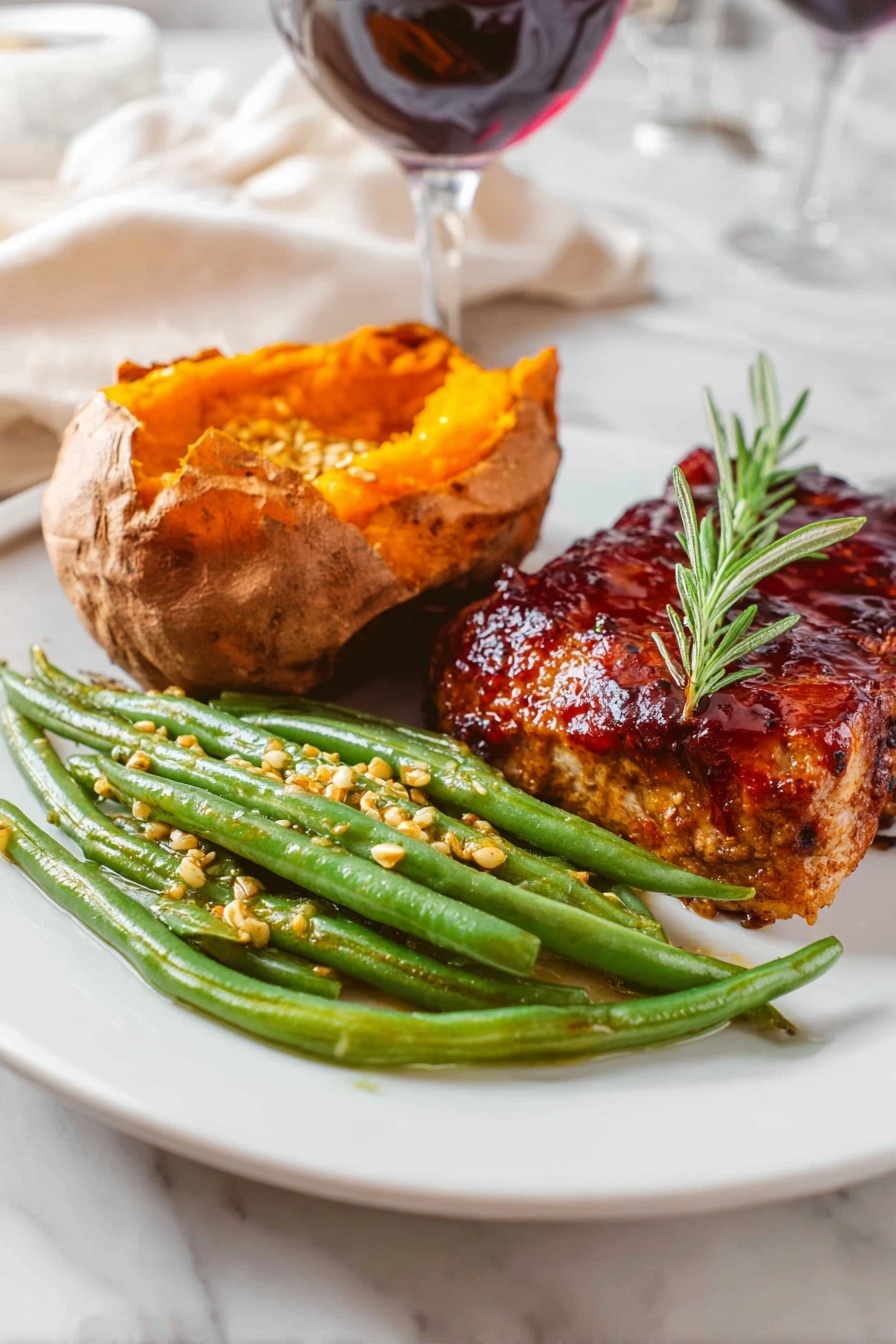 The image shows a white plate with three food items arranged in separate sections. On the right side, there is a thick piece of grilled meat covered with a dark reddish glaze and garnished with a small sprig of green rosemary on top. In the center-left, there is a baked sweet potato, opened to show its bright orange, soft inside. In front of the sweet potato, there is a pile of green beans coated with small mustard seeds and a light sauce, giving them a slightly glossy look. The plate is set on a white marbled surface with blurred background elements including a glass of red wine and white fabric. photo taken with an iphone --ar 2:3 --v 7 - Green Beans with Mustard Butter Sauce, green bean side dish, easy green bean recipes, quick vegetable side, flavorful green bean recipe