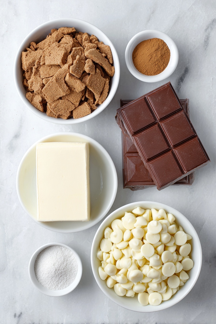 Flat lay of crushed gingerbread cookies in a simple white ceramic bowl, a whole block of cream cheese with one corner sliced revealing the creamy inside, a small white bowl with ground cinnamon powder, a small white bowl with ground nutmeg powder, a small white bowl with ground cloves powder, a small white bowl holding golden vanilla extract, and a simple white ceramic bowl filled with shiny white chocolate chips, placed on a clean white marble surface, soft natural light, photo taken with an iPhone, professional food photography style, fresh ingredients, white ceramic bowls, no bottles, no duplicates, no utensils, no packaging --ar 2:3 --v 7 --p m7354615311229779997 - Gingerbread Truffles, Gingerbread Candy Balls, Holiday Ginger Treats, Easy Gingerbread Desserts, Christmas Truffles