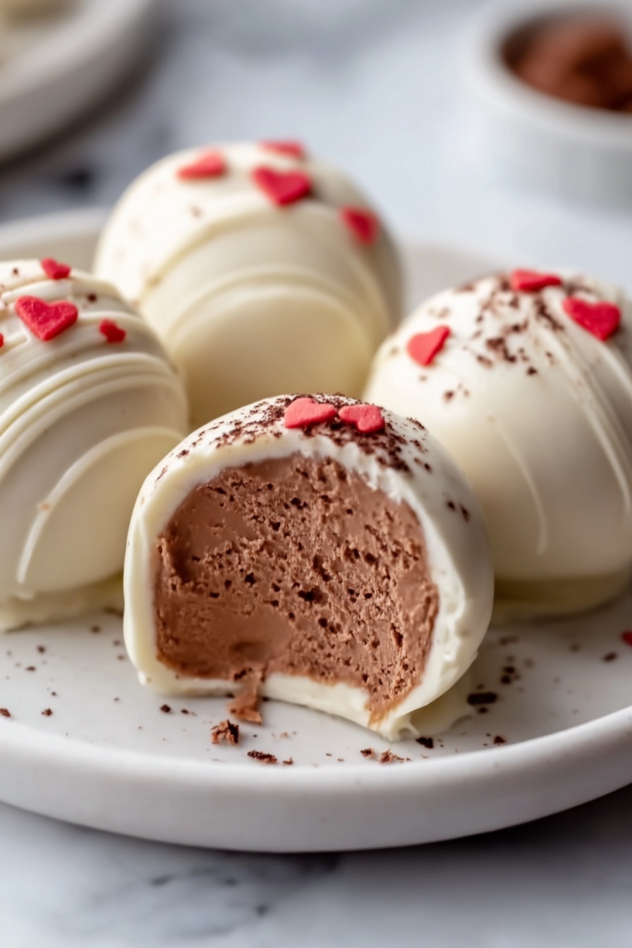The image shows four round white chocolate-covered truffles placed on a white plate, which sits on a white marbled surface. Each truffle has a smooth, shiny white chocolate coating with a few small red heart-shaped sprinkles on top for decoration. One truffle is cut open to show the inside, revealing a rich, creamy milk chocolate filling with a soft texture. Some cocoa powder is lightly dusted on one of the truffles, adding a dark brown contrast to the white chocolate. The photo taken with an iphone --ar 2:3 --v 7 - Gingerbread Truffles, Gingerbread Candy Balls, Holiday Ginger Treats, Easy Gingerbread Desserts, Christmas Truffles