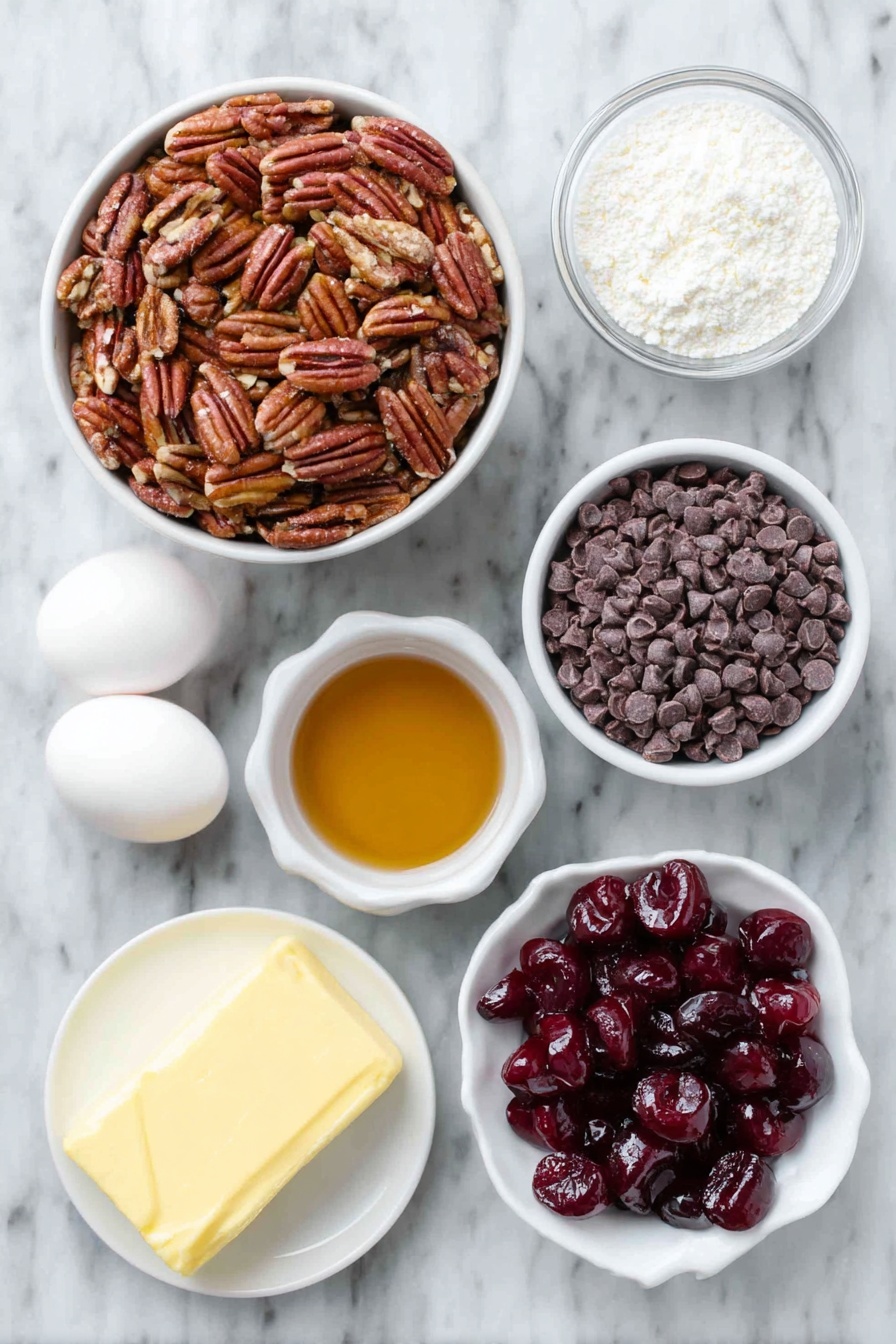 Flat lay of finely chopped pecans in a small white ceramic bowl, a small white bowl filled with amber bourbon liquid, finely chopped bright red maraschino cherries in a small white bowl, a stick of softened pale yellow butter on a white ceramic dish, a mound of white powdered sugar in a small white bowl, glossy semi-sweet chocolate chips in a small white bowl, two smooth white eggs, a small white bowl with solid white shortening or coconut oil, and bright red glossy candied cherry halves arranged neatly on a white ceramic plate, all placed on a clean white marble surface, soft natural light, photo taken with an iPhone, professional food photography style, fresh ingredients, white ceramic bowls, no bottles, no duplicates, no utensils, no packaging --ar 2:3 --v 7 --p m7354615311229779997 - Cherry Bourbon Balls, Bourbon Balls Recipe, Festive Holiday Treats, Chocolate Cherry Bourbon Bites, No-Bake Cherry Bourbon Dessert