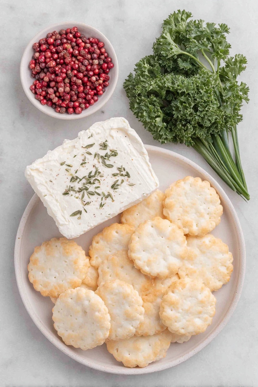 Flat lay of twelve round rice crackers arranged neatly, a small pile of fresh bright green curly parsley leaves, three long vibrant green chive stalks, a small square of creamy herbed goat cheese on a simple white ceramic plate, a cluster of a dozen vivid pink peppercorns in a small white ceramic bowl placed symmetrically, all placed on a clean white marble surface, soft natural light, photo taken with an iPhone, professional food photography style, fresh ingredients, white ceramic bowls, no bottles, no duplicates, no utensils, no packaging --ar 2:3 --v 7 --p m7354615311229779997 - Festive Goat Cheese Appetizer Bites, holiday goat cheese starters, Christmas-themed appetizers, easy holiday party snacks, Christmas Present appetizer idea
