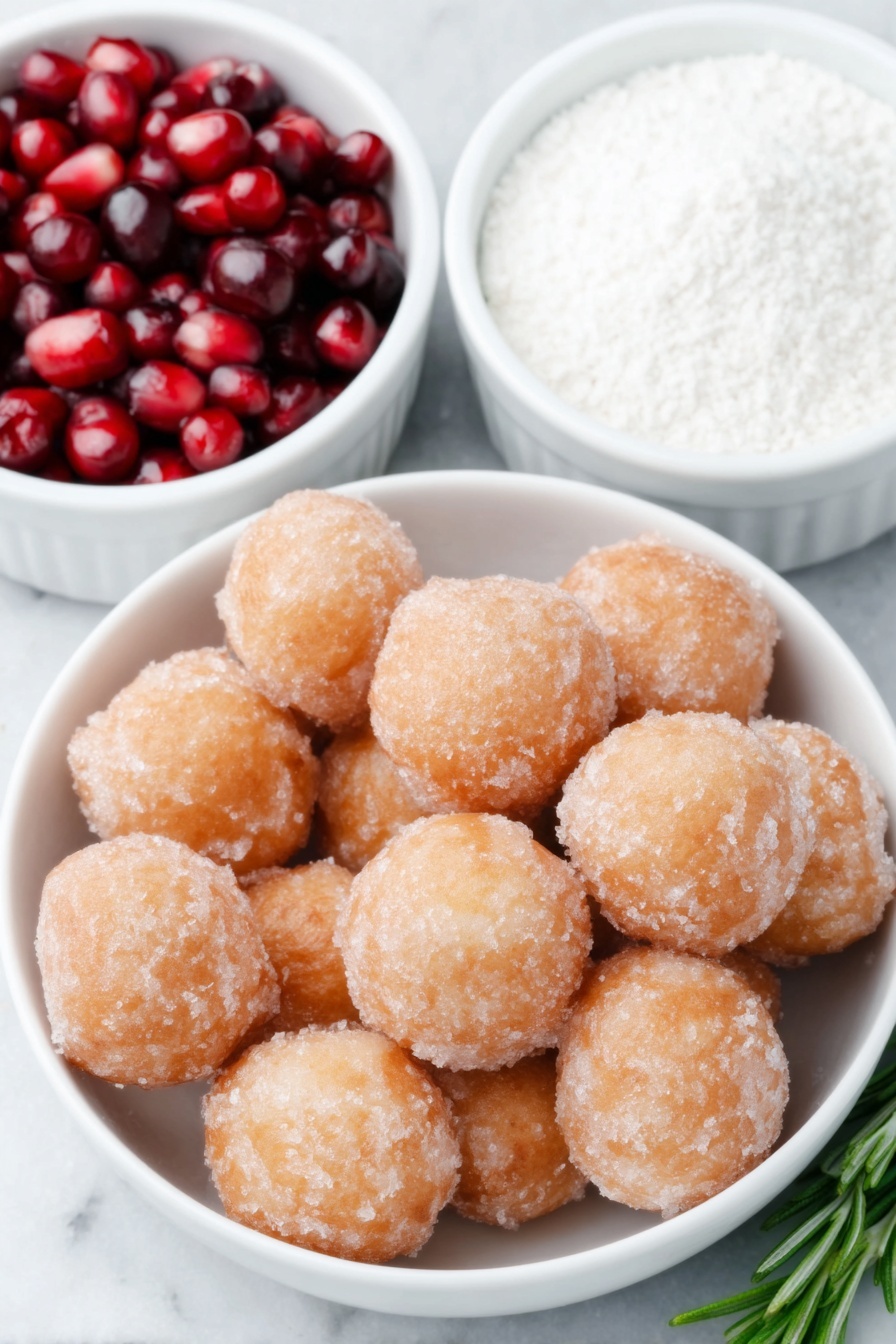 Flat lay of fresh golden donut holes dusted lightly with powdered sugar, a small white ceramic bowl filled with bright red pomegranate arils, several fresh green rosemary sprigs with vibrant needles, and a small white ceramic bowl holding fine white powdered sugar, all arranged symmetrically with balanced spacing, placed on a clean white marble surface, soft natural light, photo taken with an iPhone, professional food photography style, fresh ingredients, white ceramic bowls, no bottles, no duplicates, no utensils, no packaging --ar 2:3 --v 7 --p m7354615311229779997 - Festive Donut Tree, holiday dessert centerpiece, Christmas donut tree, holiday treat ideas, fun holiday dessert