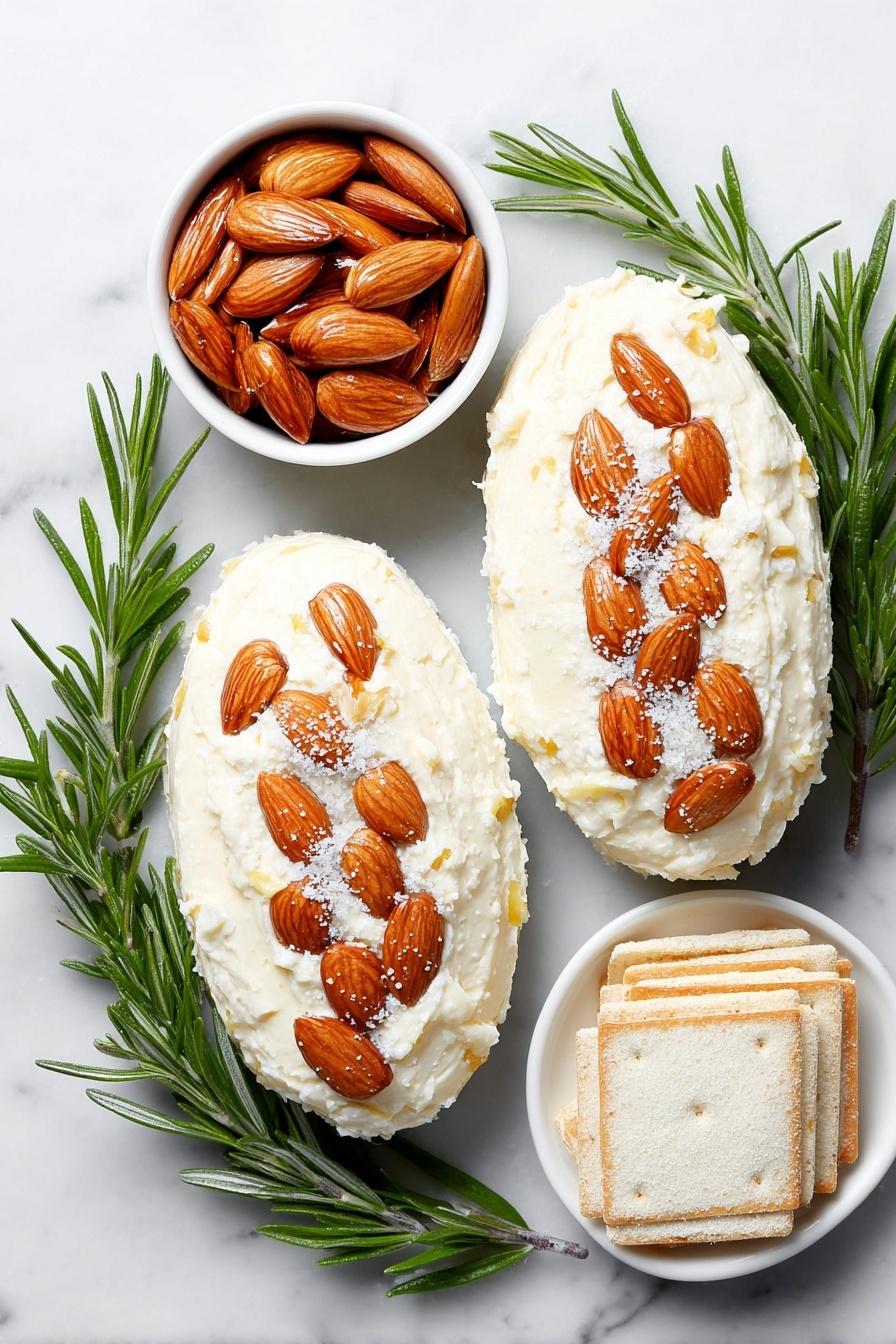 Flat lay of two oval-shaped mounds of creamy Neufchatel cheese mixed with shredded Gruyere cheese, one covered with whole toasted almonds arranged in neat rows, the other adorned with toasted sliced almonds similarly placed, six fresh rosemary sprigs with vibrant green needles artfully tucked around the cheese balls, a small white ceramic bowl filled with dry onion soup mix powder, and a simple white ceramic plate holding a neat stack of golden Wheat Thins crackers, all placed on a clean white marble surface, soft natural light, photo taken with an iPhone, professional food photography style, fresh ingredients, white ceramic bowls, no bottles, no duplicates, no utensils, no packaging --ar 2:3 --v 7 --p m7354615311229779997 - Pinecone Cheese Ball with Nuts and Rosemary, festive cheese ball appetizer, holiday cheese ball recipe, pinecone-shaped cheese dip, nut-studded cheese ball with herbs